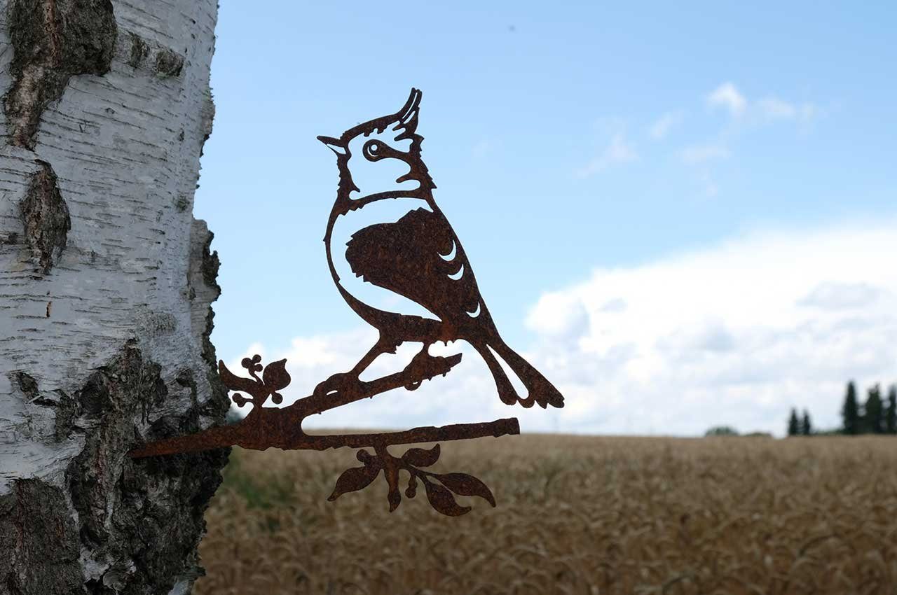 ILLUMINO Deko Vogel Haubenmeise Rost Dekofigur Baumstecker Stahl Garten Dekostecker