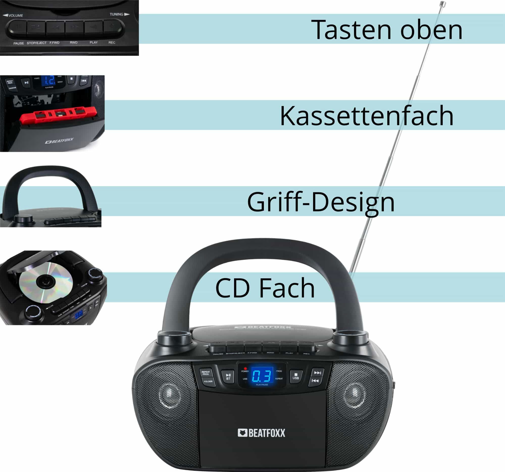 Beatfoxx CDB-1016U BK Bluetooth CD-Player, UKW/MW-Radio, USB und Kassette Boombox (2,4 W, Musikgenuss für zu Hause und unterwegs)