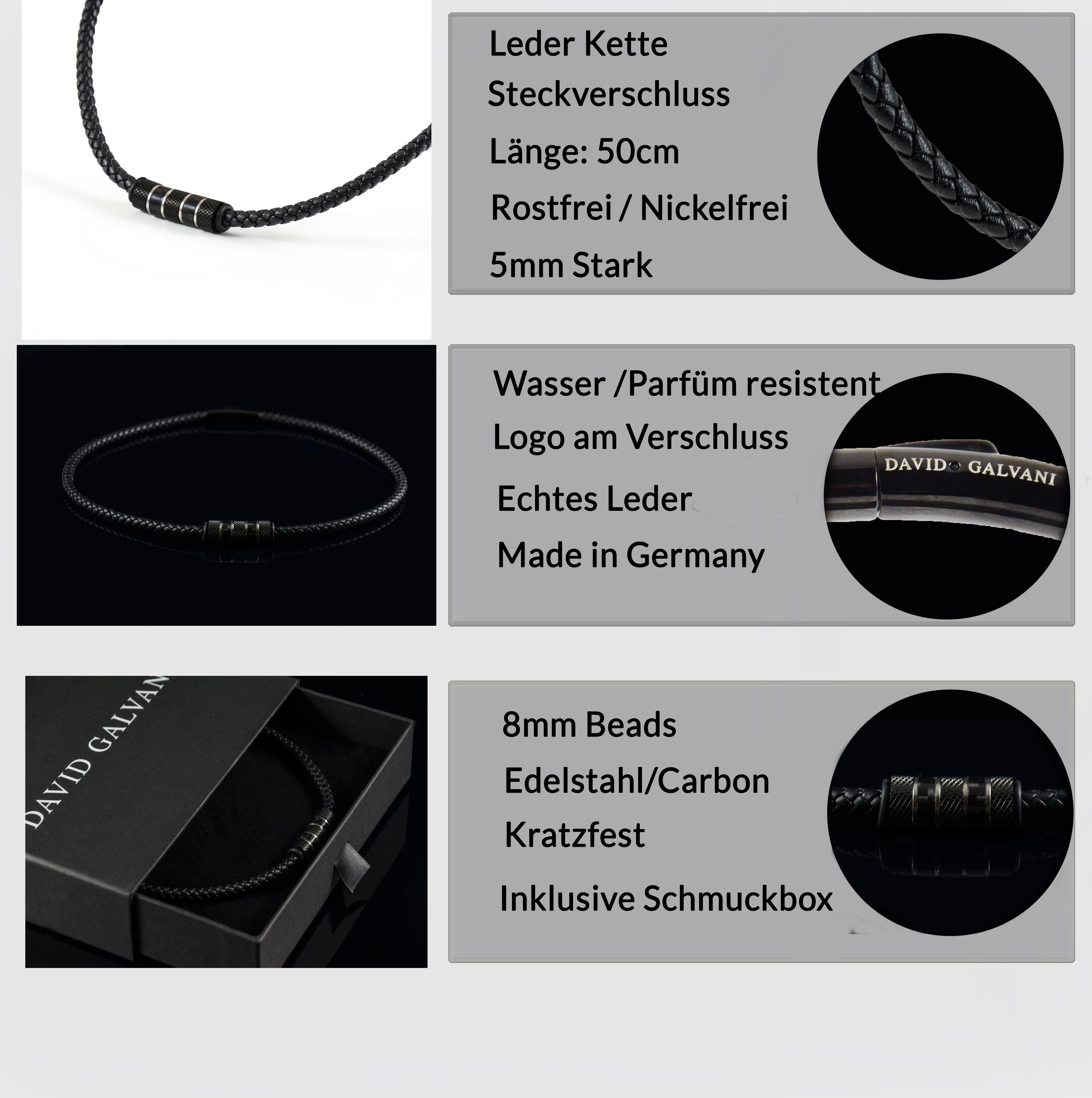 David Galvani mit Kette Anhänger Deutschland in Schwarz Herren mit Beads, Lederkette Edelstahl Handmade