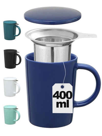 Cosumy Teeglas »Teetasse mit Sieb und Deckel Blau 400ml«, Keramik, Hält Lange warm - 400ml Groß - Spülmaschinenfest