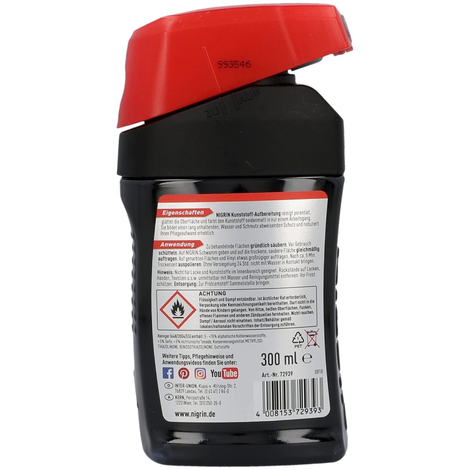 NIGRIN Kunststoff-Aufbereitung Color Schwarz 300ml Kunststoffreiniger (1x 300ml Flasche Auto PKW Fahrzeug-Aufbereitung Kunststoff-Pflege Kunststoff-Reiniger)