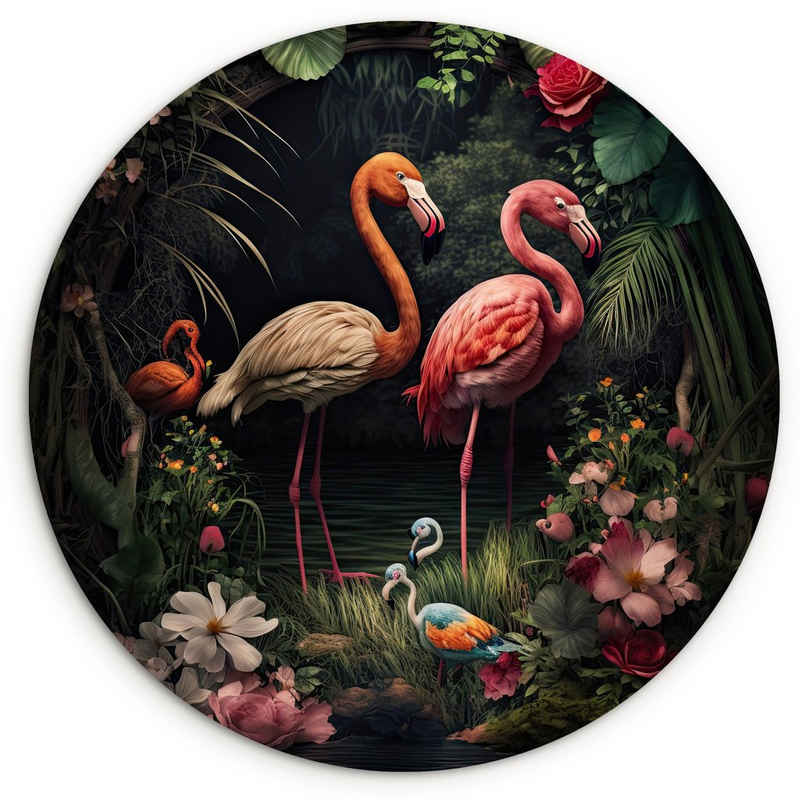 MuchoWow Gemälde Flamingo - Blumen - Pflanzen - Dschungel - Rosa, (1 St), Kreis Wanddekoration Forex, Rundes Wandbild, Wohnzimmer, 30x30 cm