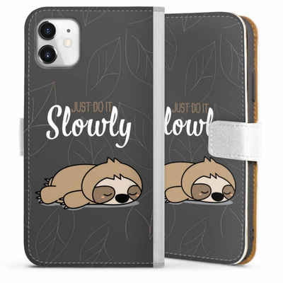 DeinDesign Handyhülle lazy sunday Sprüche Faultier Just Do It Slowly Sloth Grey, Apple iPhone 11 Hülle Handy Flip Case Wallet Cover Handytasche Leder