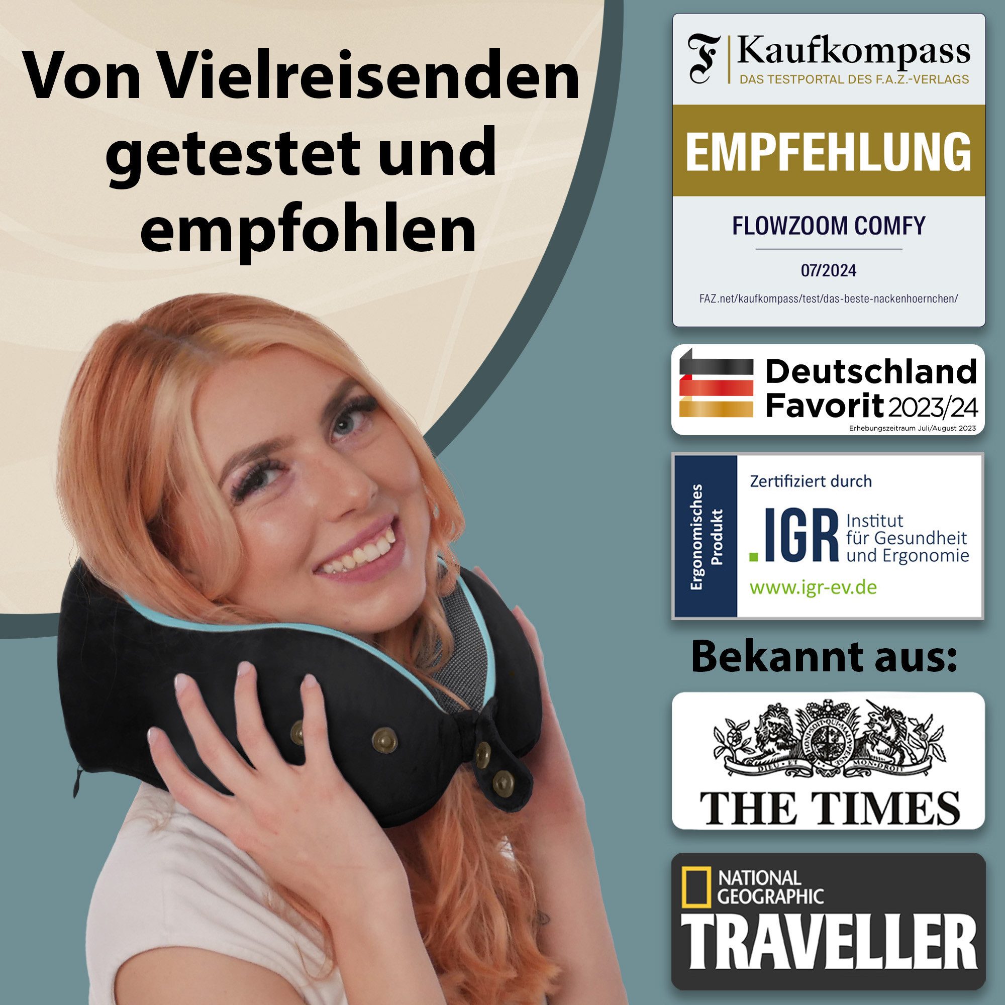 FLOWZOOM Nackenhörnchen COMFY Nackenkissen Flugzeug & Auto – Reisekissen Memory-Schaum, Nackenhörnchen für Erwachsene - Nackenkissen Reisen - verstellbar – Bild 5 von 5