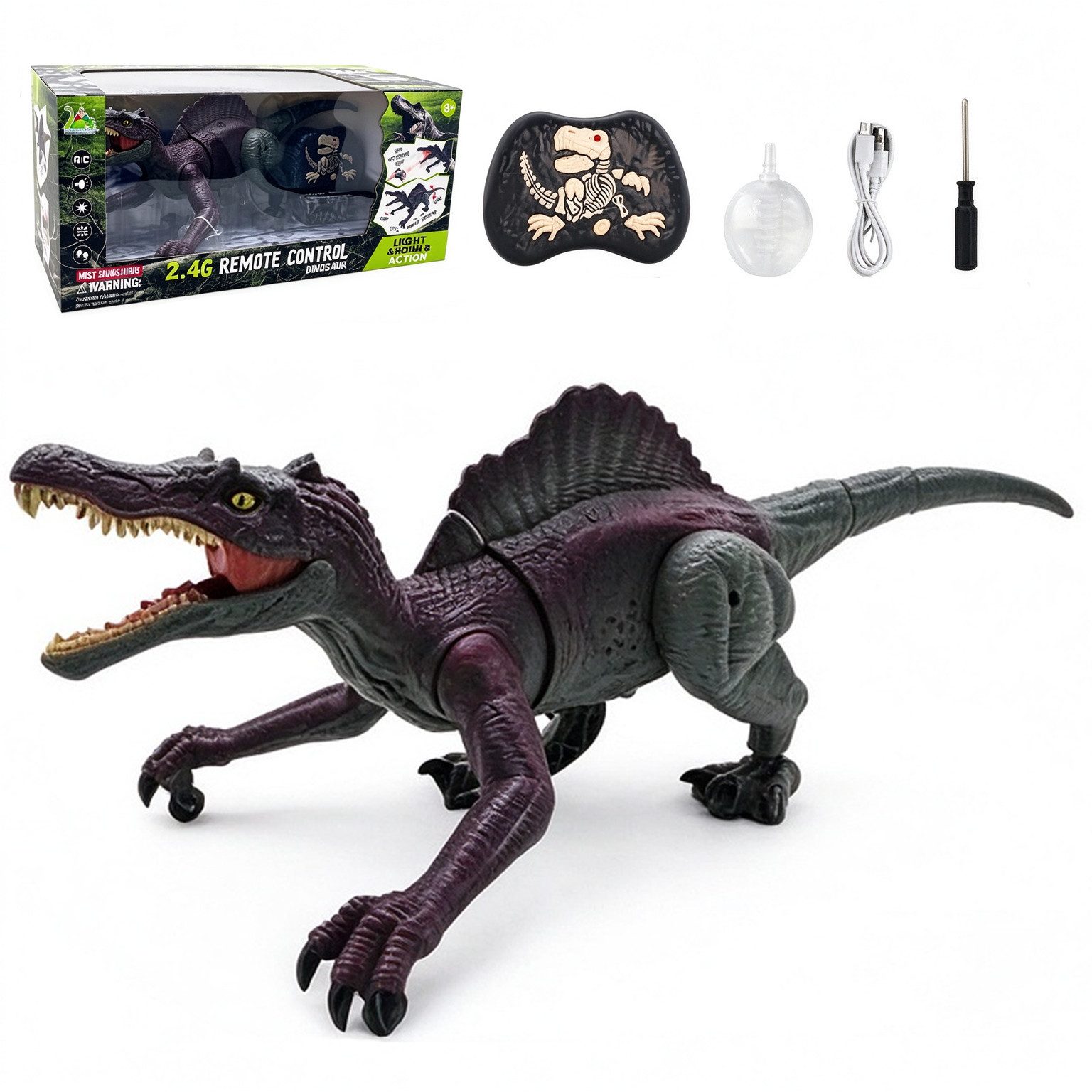 Esun Spielfigur Ferngesteuerter Dinosaurier, RC Dino Spielzeug Geschenk für Kinder, (Set, Komplettset), Spinosaurus Dino mit Sprühfunktion, Licht & Sound