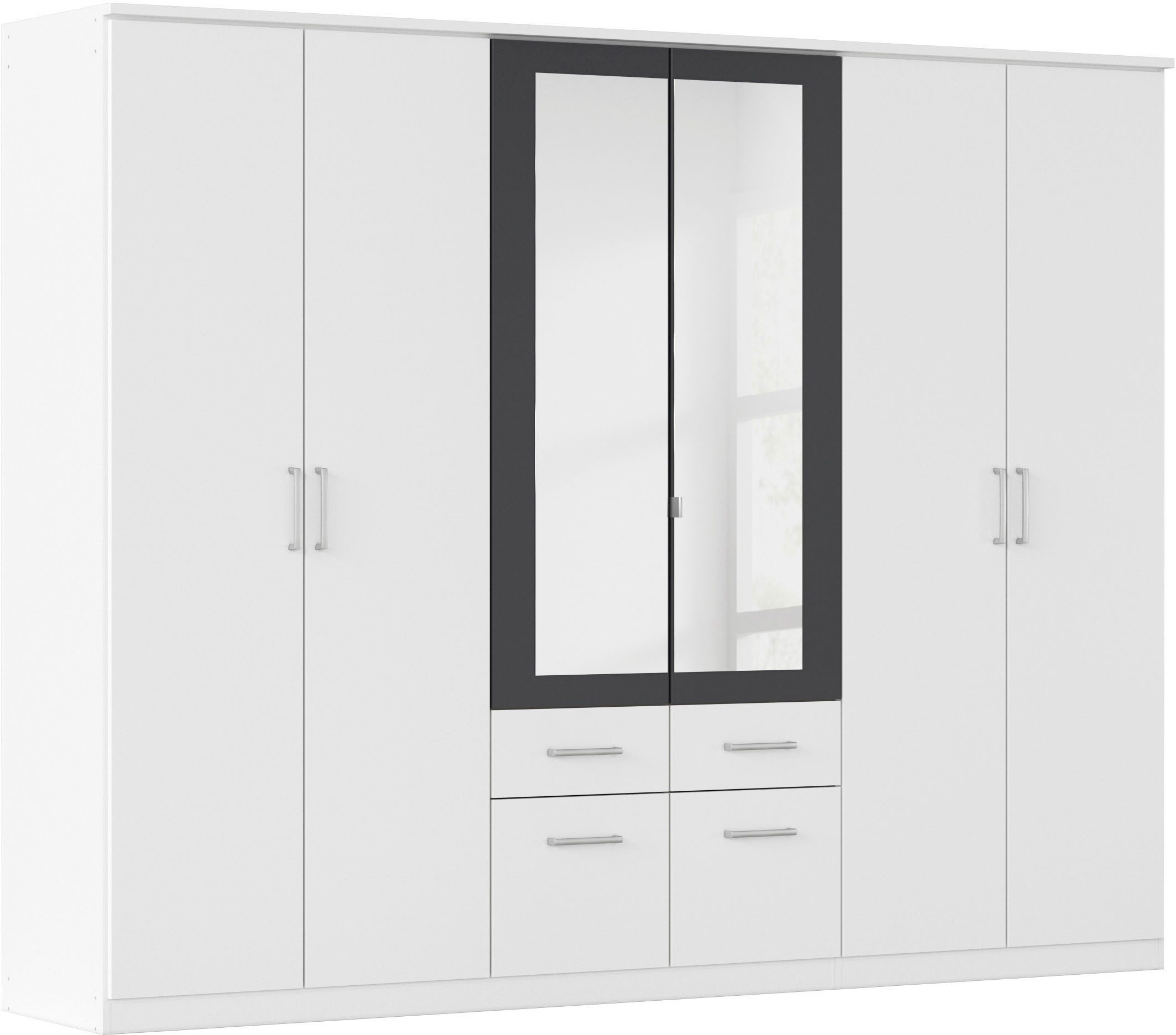 rauch Kleiderschrank Drehtürenschrank Schrank Garderobe BURANO mit Schubladen und Spiegelumrandung in Farbabsetzung MADE IN GERMANY