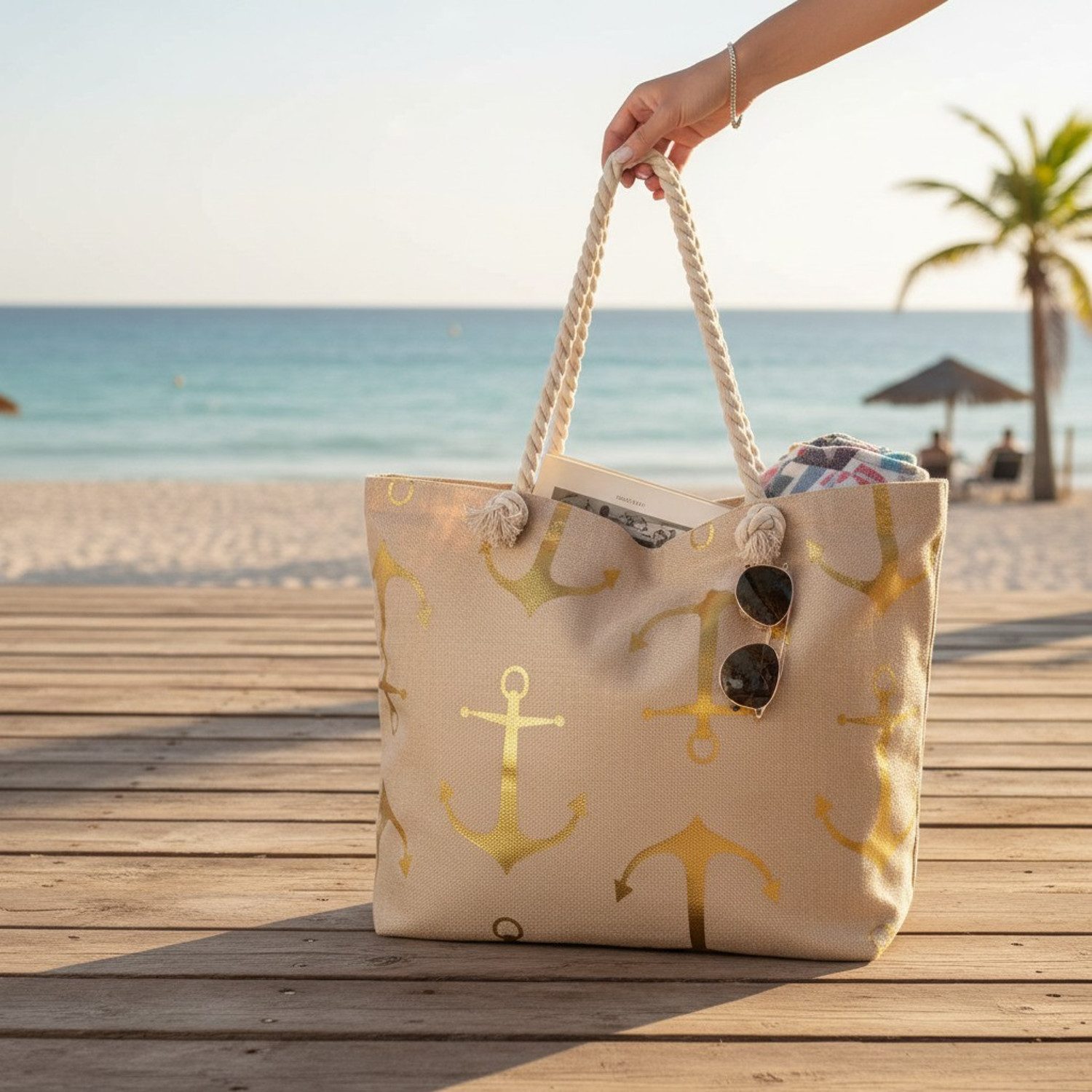 KARMA Strandtasche Damen Beige Gold Muscheln od. Anker 59 cm Badetasche (Tasche für Strand, Urlaub, Pool, See, 1-tlg., Sommer, Freizeit, Shopper), mit Reißverschluss Polyester Innentasche