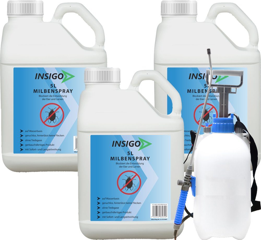 15 Wasserbasis, l, geruchsarm, INSIGO ätzt Ungezieferspray, Langzeitwirkung Milben-Mittel brennt auf nicht, Insektenspray mit Milben-Spray / Anti