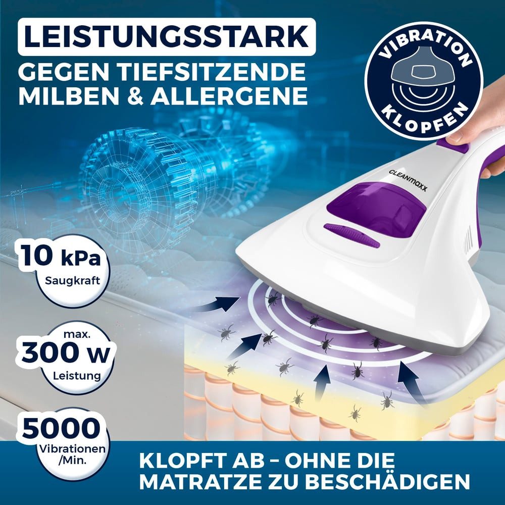 CLEANmaxx Matratzenreinigungsgerät entfernt 99,9 % Milben - 2 Ersatz-EPA-Filter, 300 W, Matratzen Bettdecken Kissen sterilisierend desinfizierend