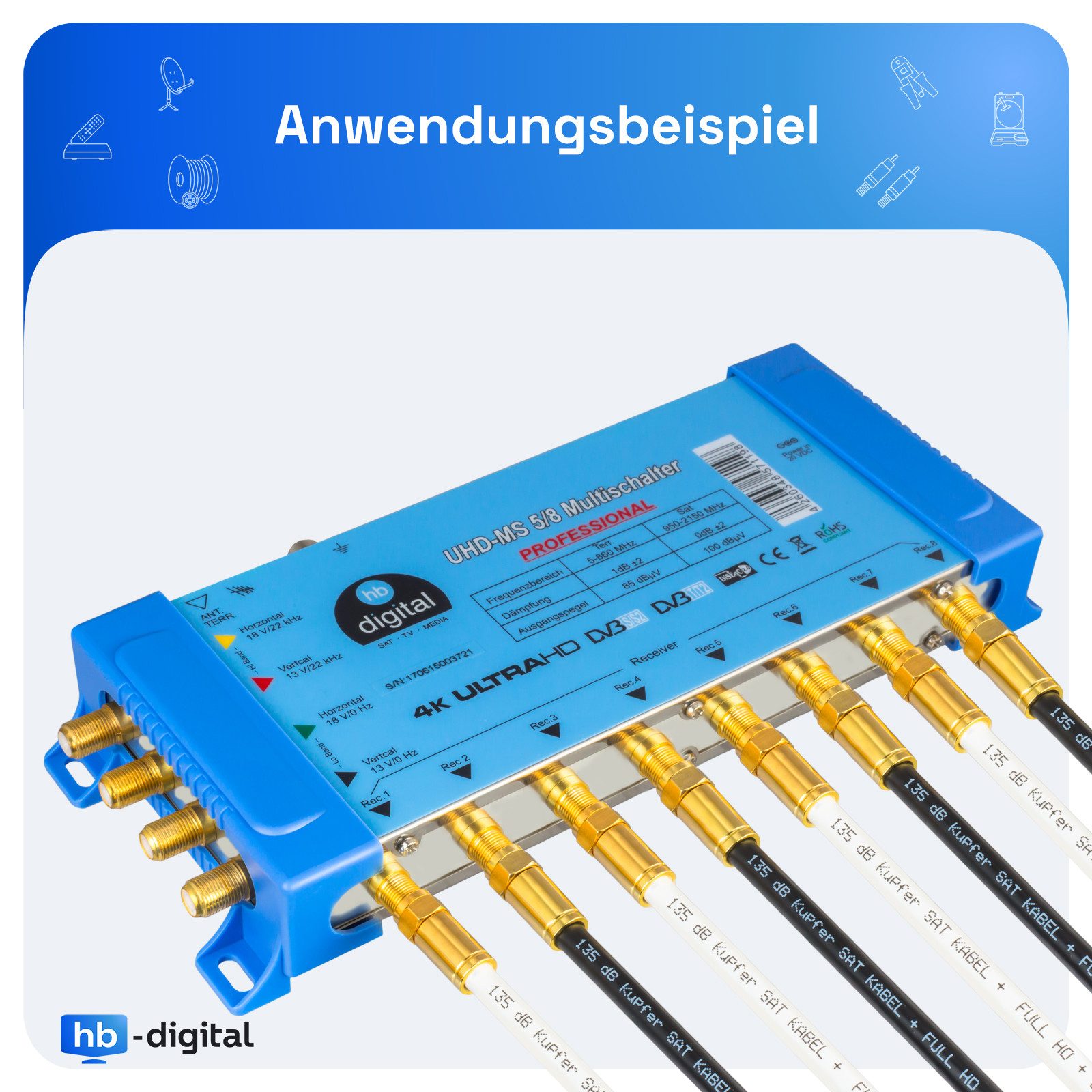 HB-DIGITAL SAT Anschlusskabel 135dB 5-Fach Reines Kupfer Kompressionssteckern SAT-Kabel, F-Kompressionsstecker, (300 cm) – Bild 4 von 5
