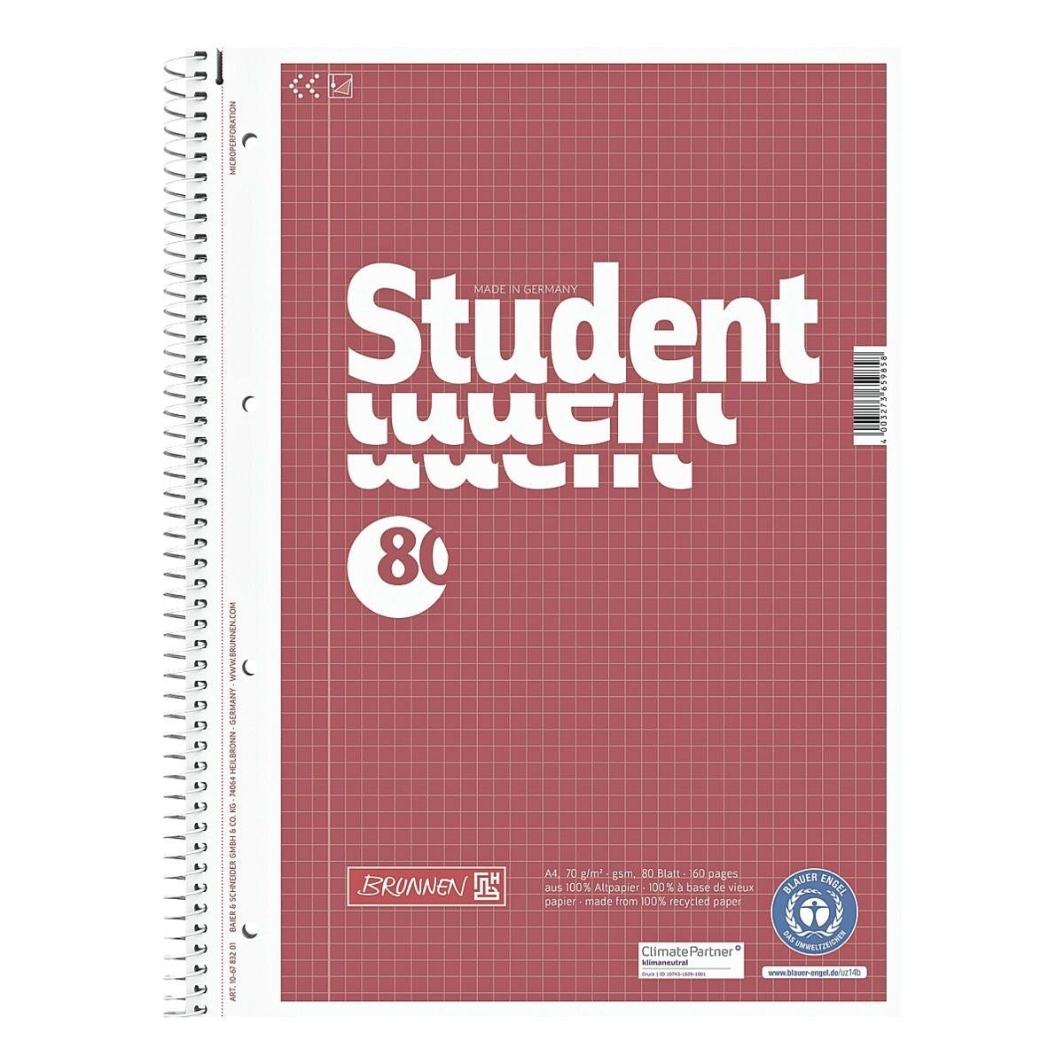 A4 Student, kariert, 4-fach Blatt, Lochung Collegeblock 80 BRUNNEN