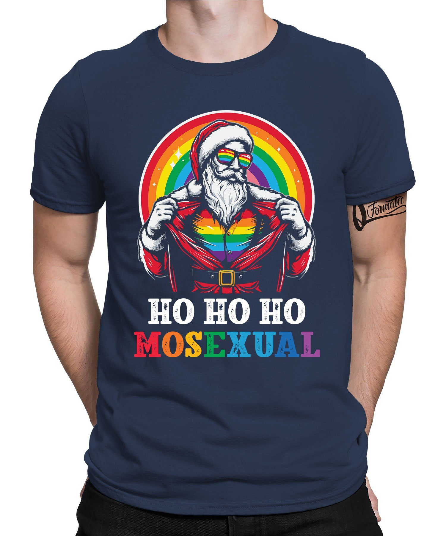 Quattro Formatee Kurzarmshirt LGBT Gay Weihnachtsmann Blau Weihn Weihnachten Christmas (1-tlg) X-mas Regenbogen - Navy