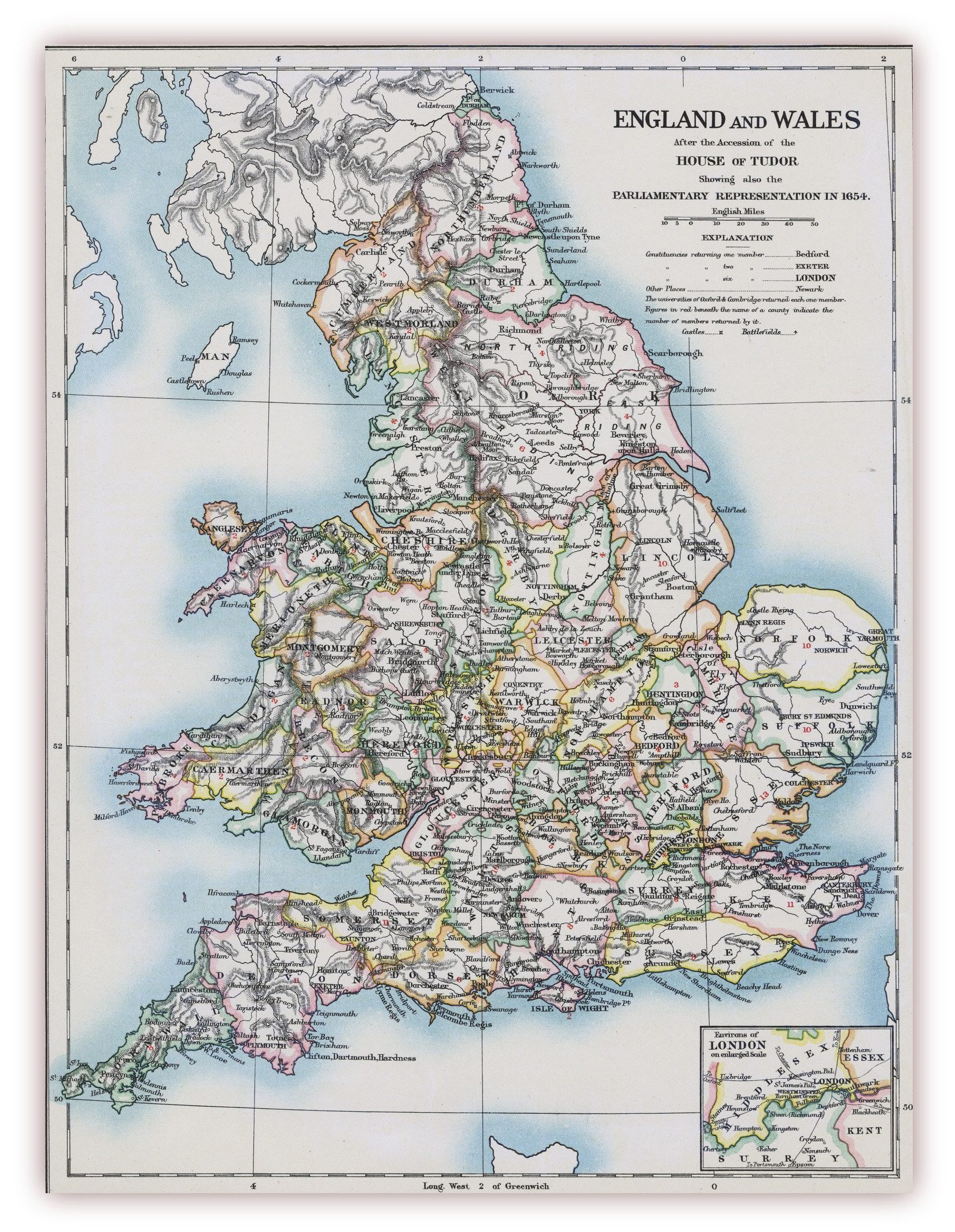 LYSCO Poster XXL 100 x 70 cm (K-710) alte Landkarte England und Wales um 1654, englische Thronbesteigung des Geschlechtes House of Tudor in der Vorzeit von Großbritanien (DIN B1), historische Landkarte, Wandbild, Plakat,Lieferung gerollt