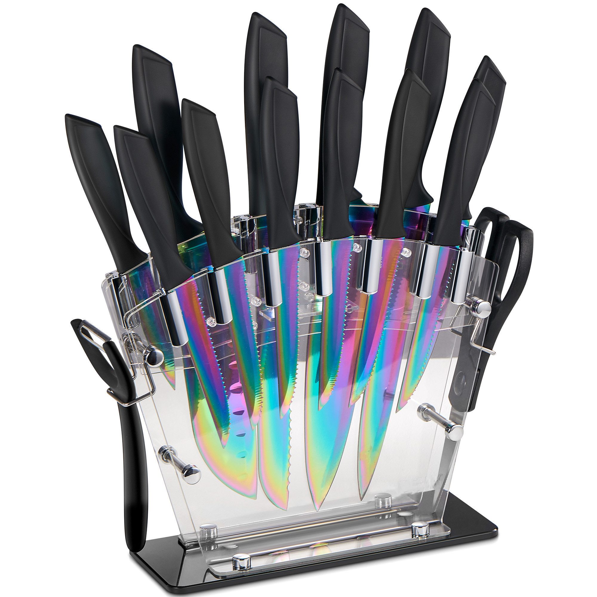 FOHERE Messer-Set 16-teiliges Messerset aus kohlenstoffreichem Edelstahl (Set, 16-tlg), Regenbogen