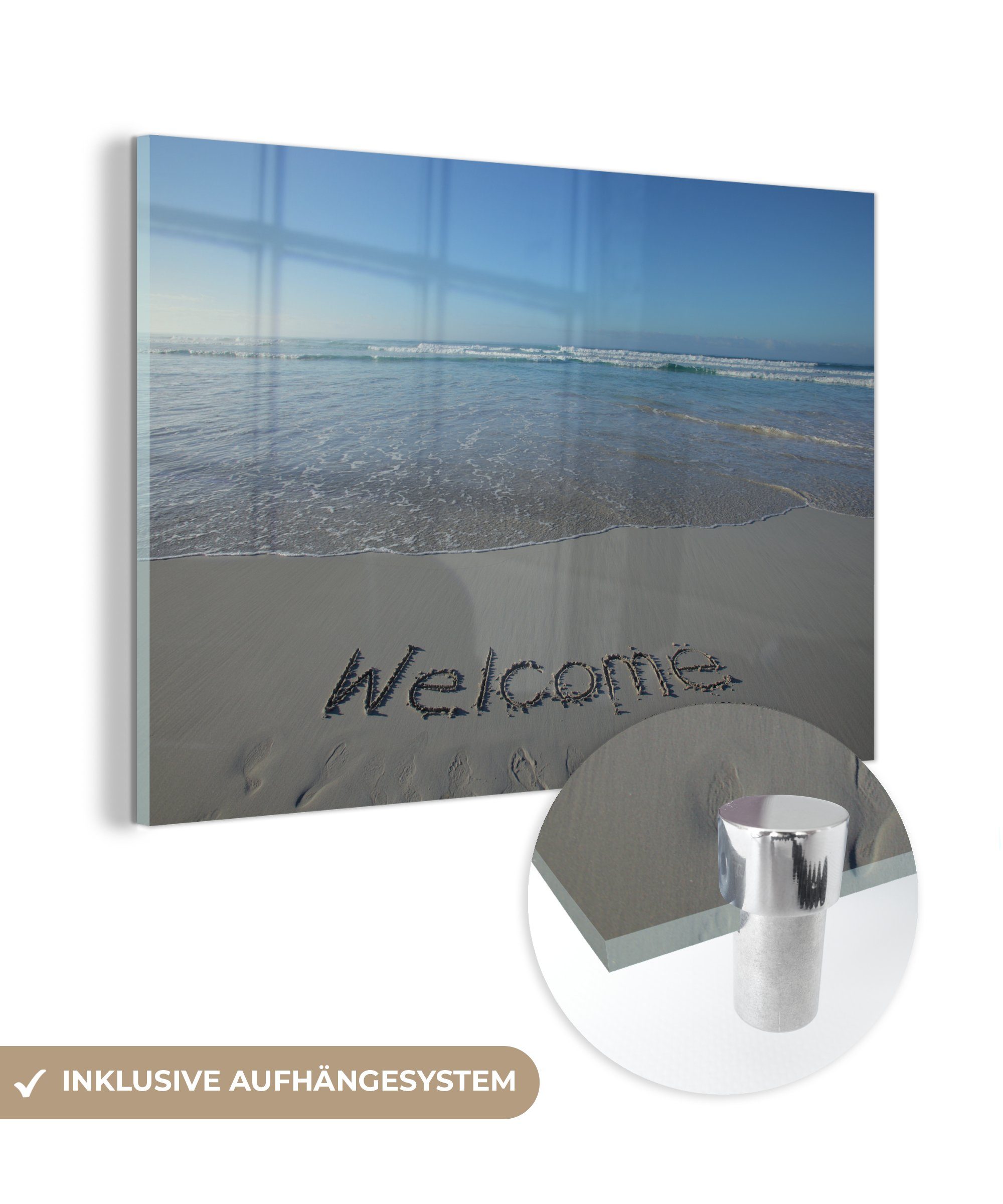 MuchoWow Acrylglasbild Ein Wort, geschrieben an einem abgelegenen Strand., (1 St), Acrylglasbilder Wohnzimmer & Schlafzimmer