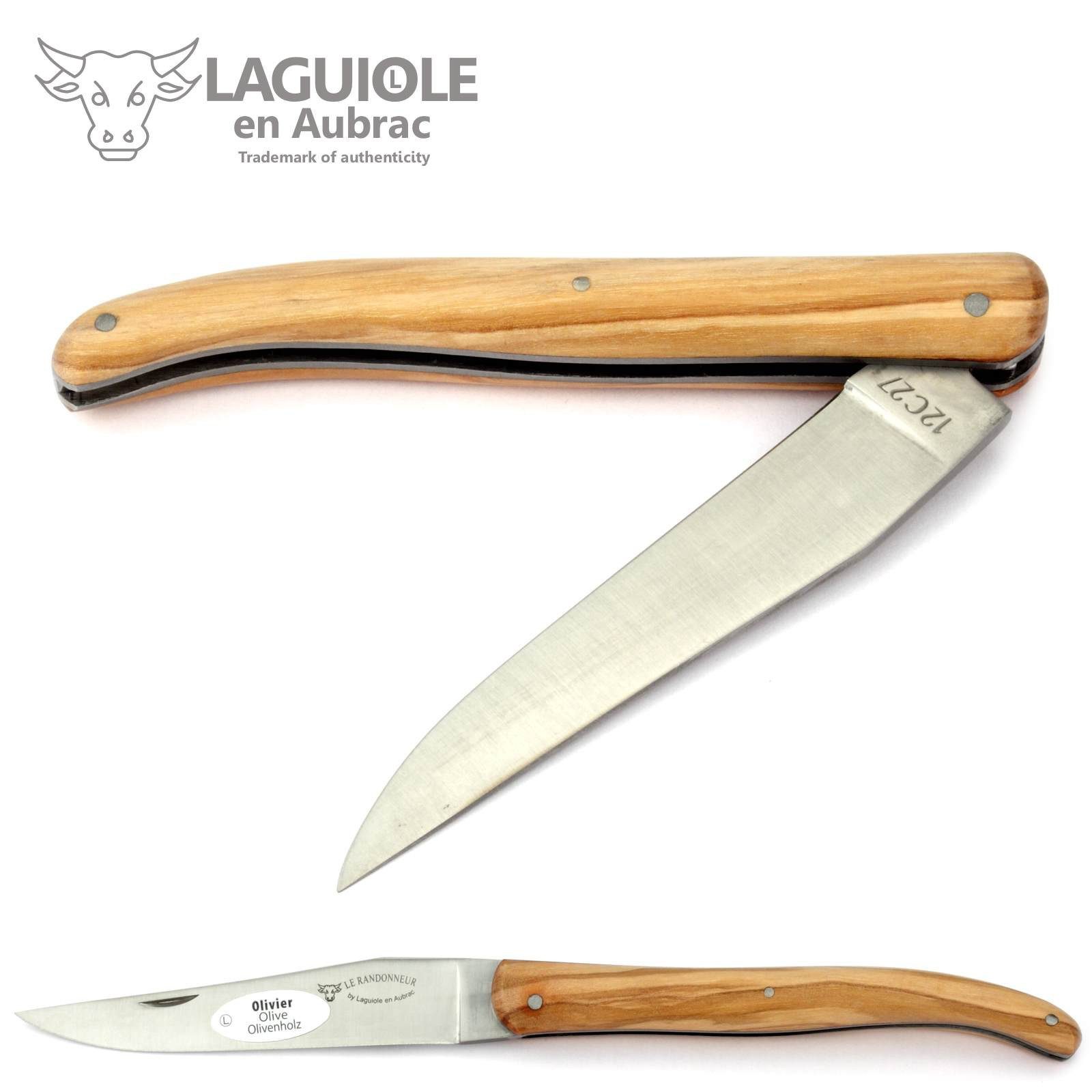 Laguiole en Aubrac Taschenmesser L0512RLIL, "Randonneur" - Griff 12cm Olivenholz - Feder unverziert - Stahl matt