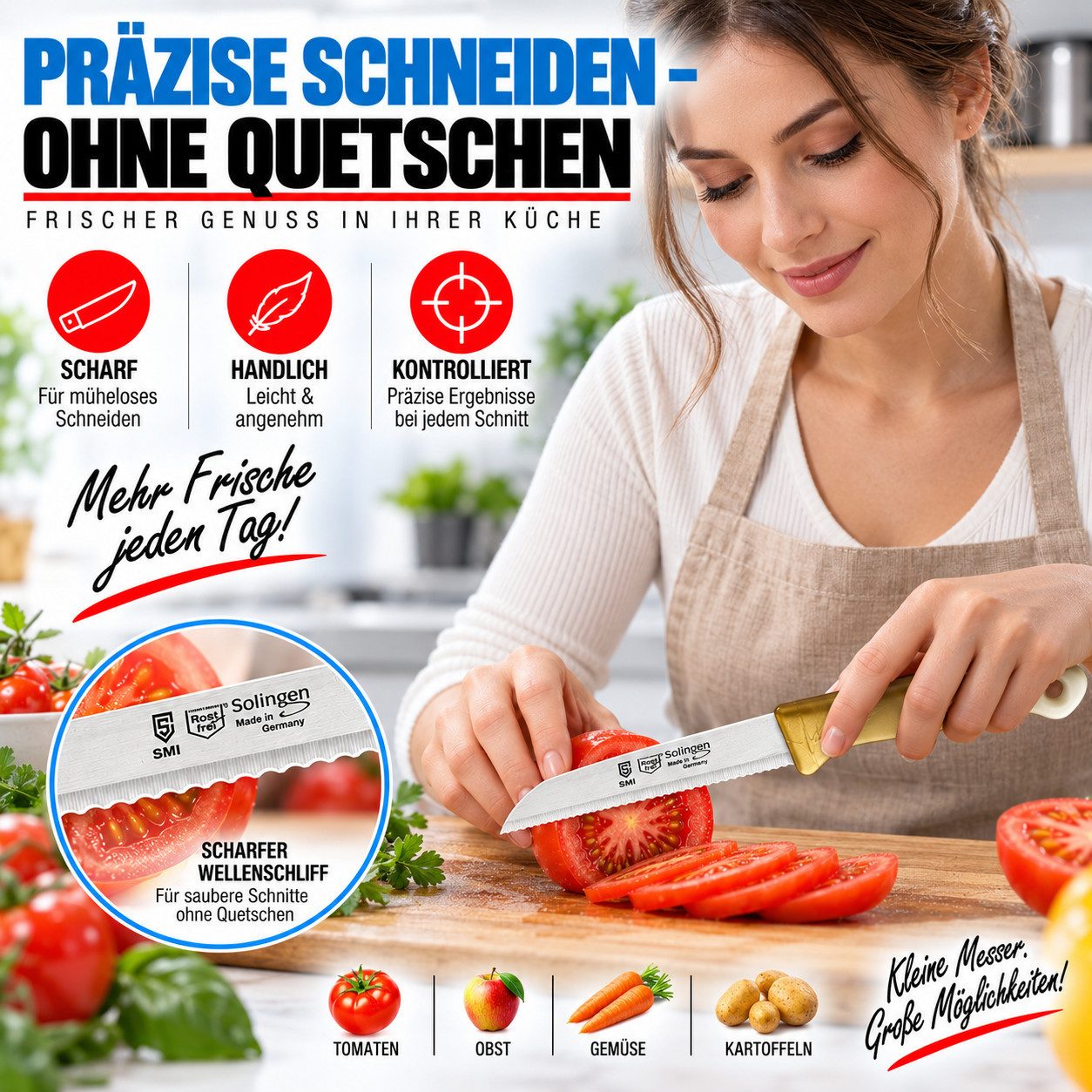 SMI Gemüsemesser 6-tlg Solingen Schälmesser Gemüsemesser Set Obstmesser Küchenmesser, Klinge mit Wellenschliff – Bild 2 von 5
