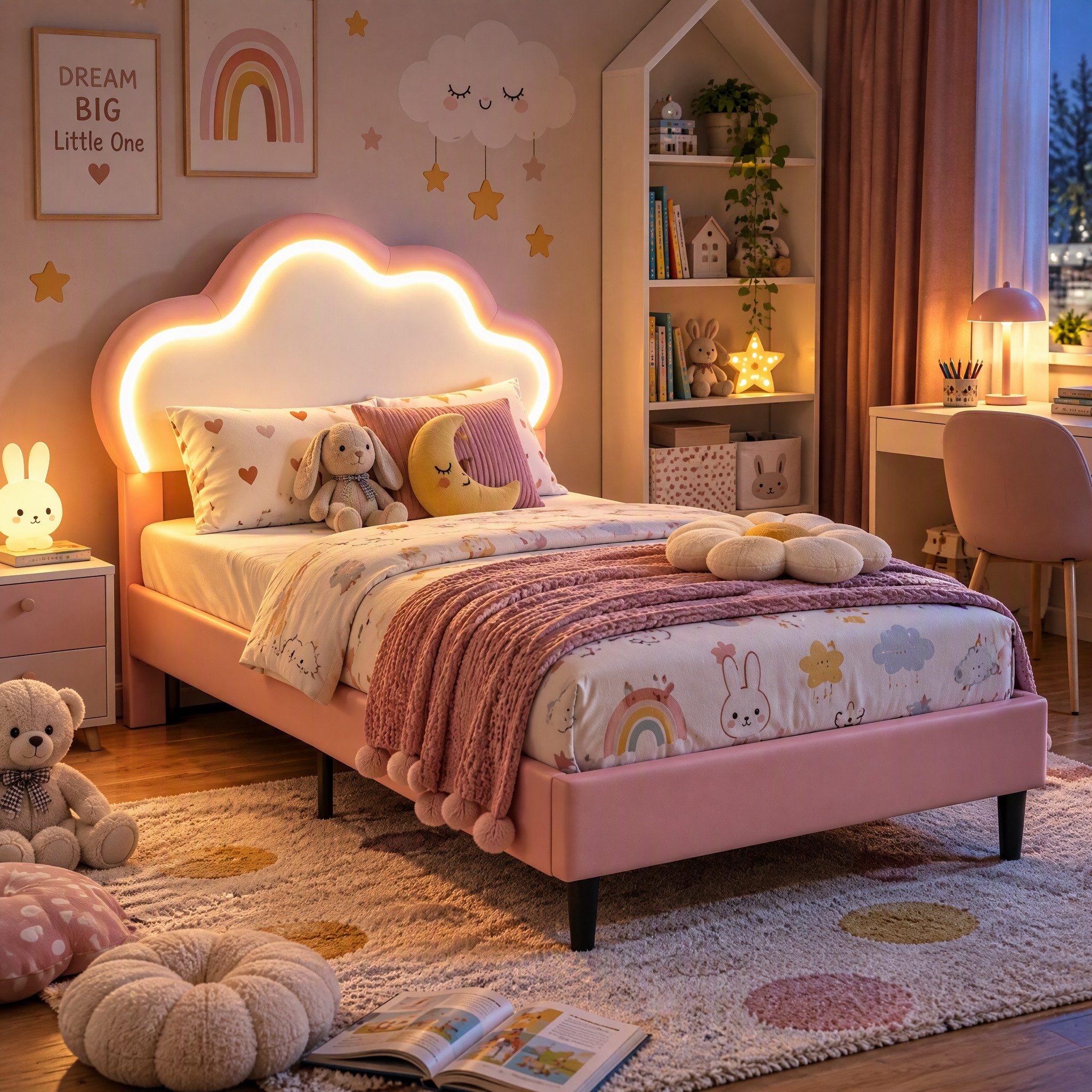 Furnishings Home Kinderbett Polsterbett LED mit Kopfteil 90x200 cm (Einzelbett mit LED-Beleuchtung), Geeignet für Jungen und Mädchen