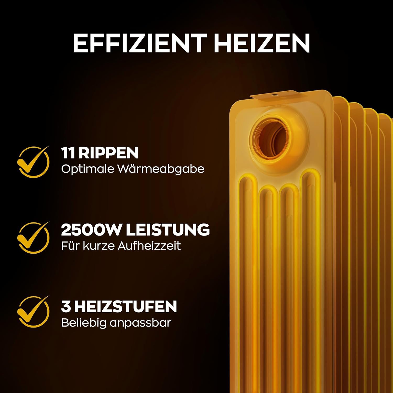 Heinrich´s Ölradiator 11 Rippen, 2500W, Elektrischer Heizkörper, 3 Heizstufen, Überhitzungsschutz, platzsparend
