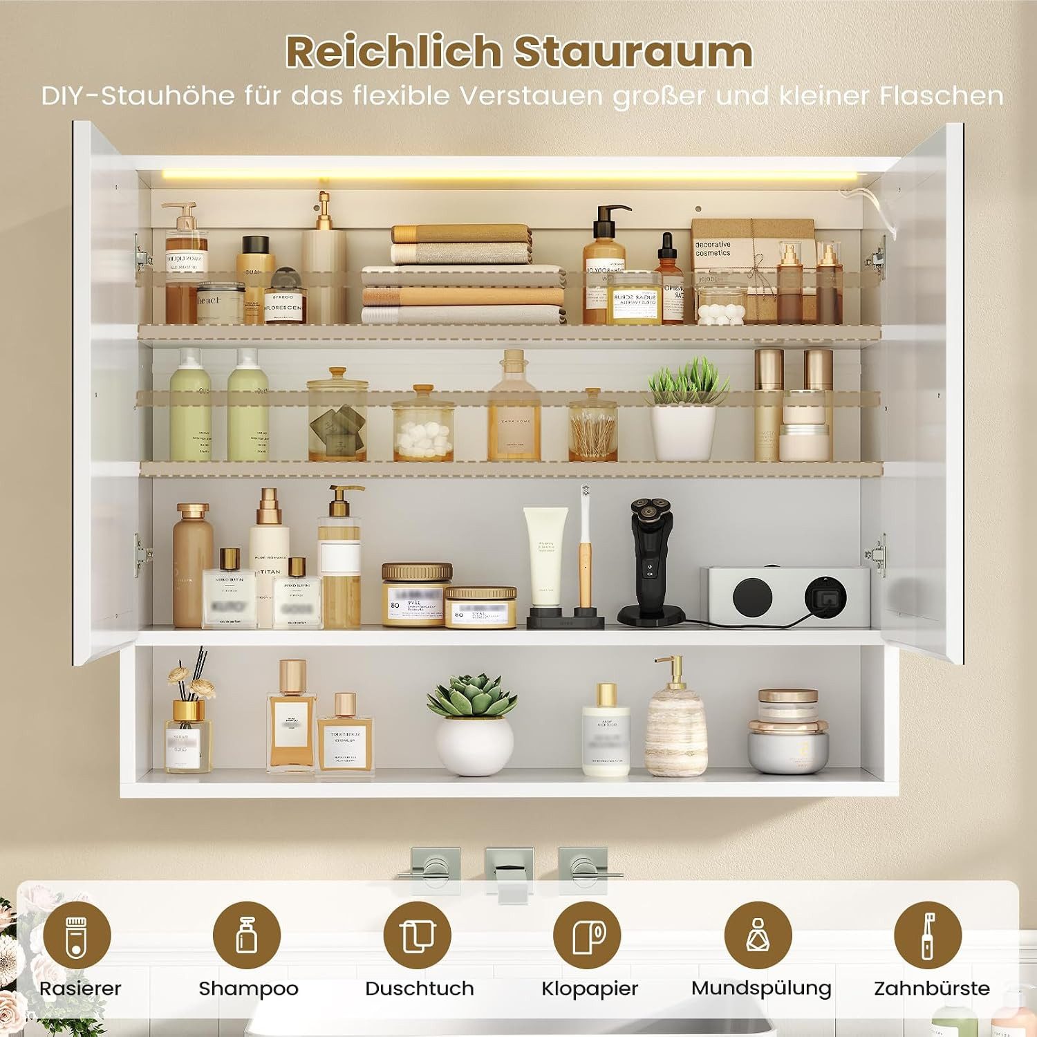 MSMASK Badezimmerspiegelschrank mit LED-Beleuchtung und Steckdose, Offenes Regal, 80 x 19,5 x 75.5 cm (1-St) 3-stufig höhenverstellbare Ablage – Bild 3 von 5