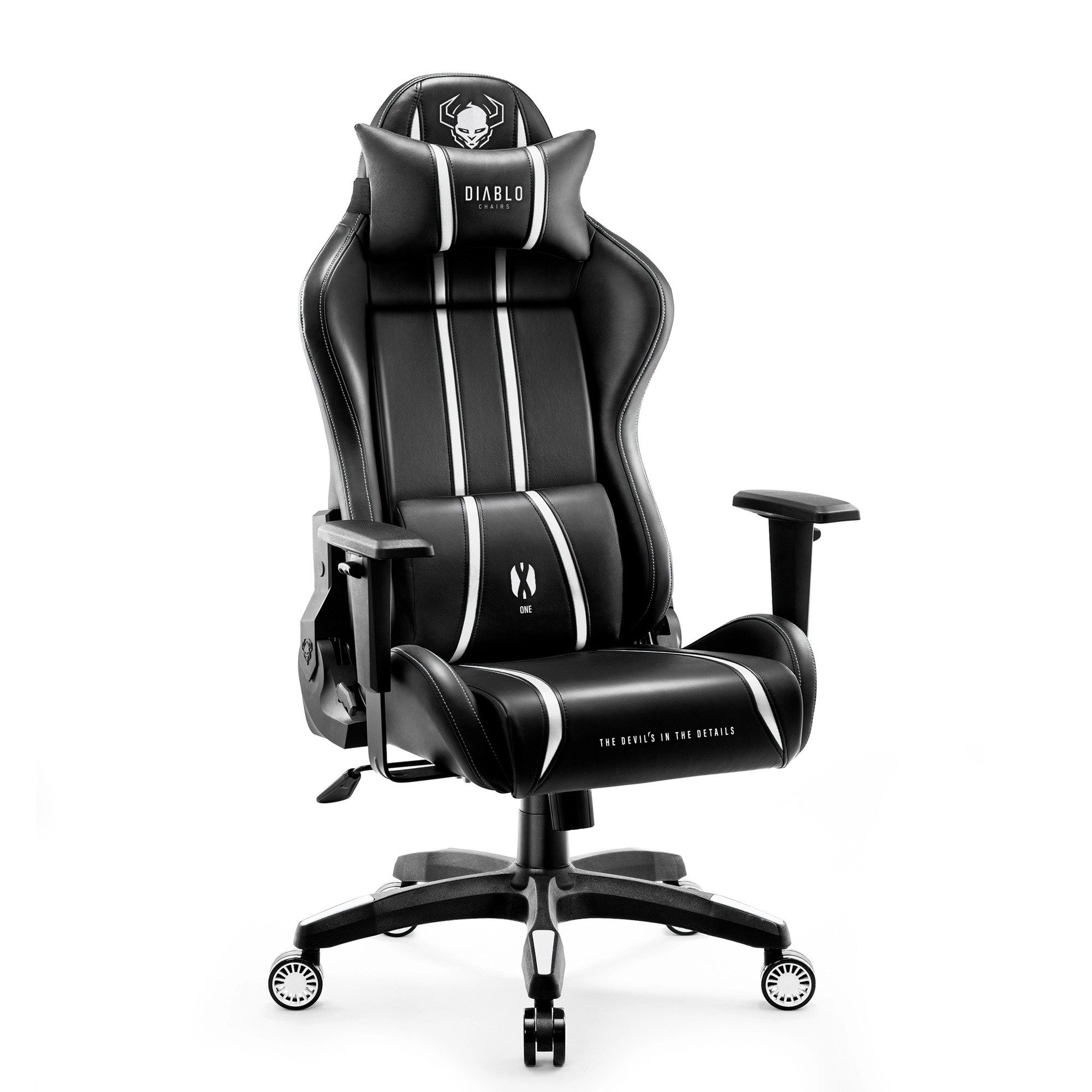 DIABLO CHAIRS Gaming-Stuhl X-One 2.0 HDS Ökoleder ergonomisch TiltTech Armlehnen Kopfstütze (Klasse-4-Gasfeder, Gummiräder bodenschonend, Kids S Normal L King XL), Lendenkissen Wippfunktion Metallbasis 3 Größen