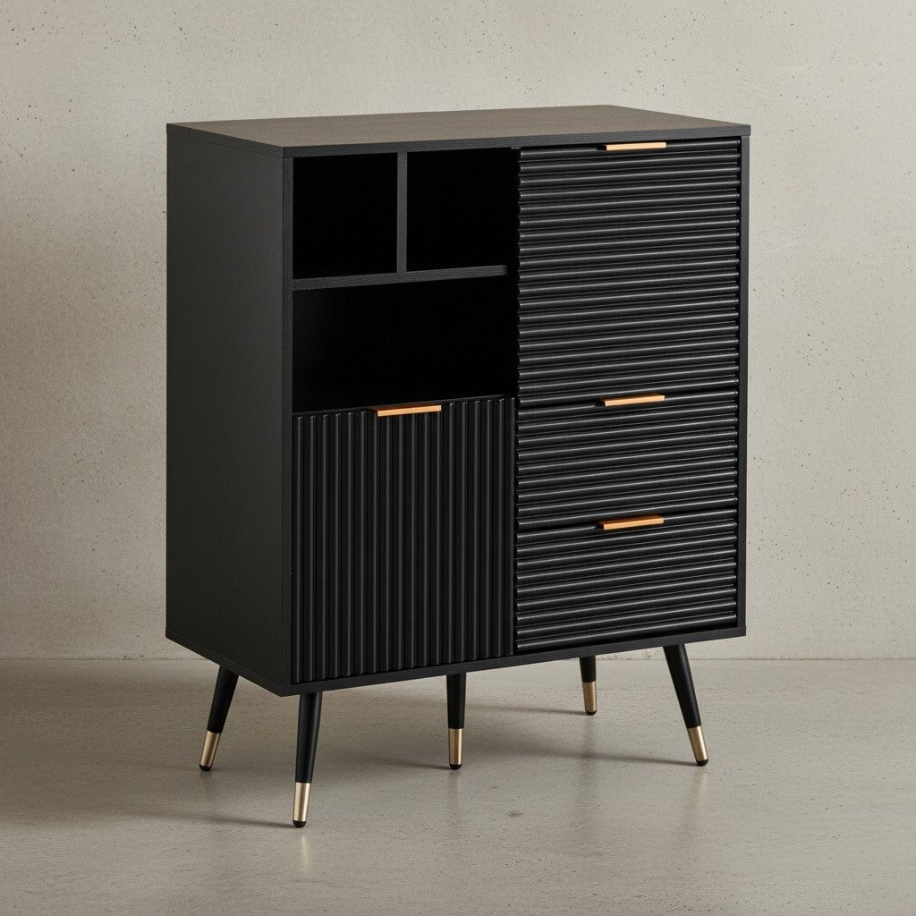 KADIMA DESIGN Kommode Sideboard 77x97x40 cm Anrichte Schwarz mit Eiche-Dekor, Kommode mit (Standschrank Wohnzimmer Metallbeine), Türen und Schubladen, Kommodenschrank Flurschrank mit Regal Modern