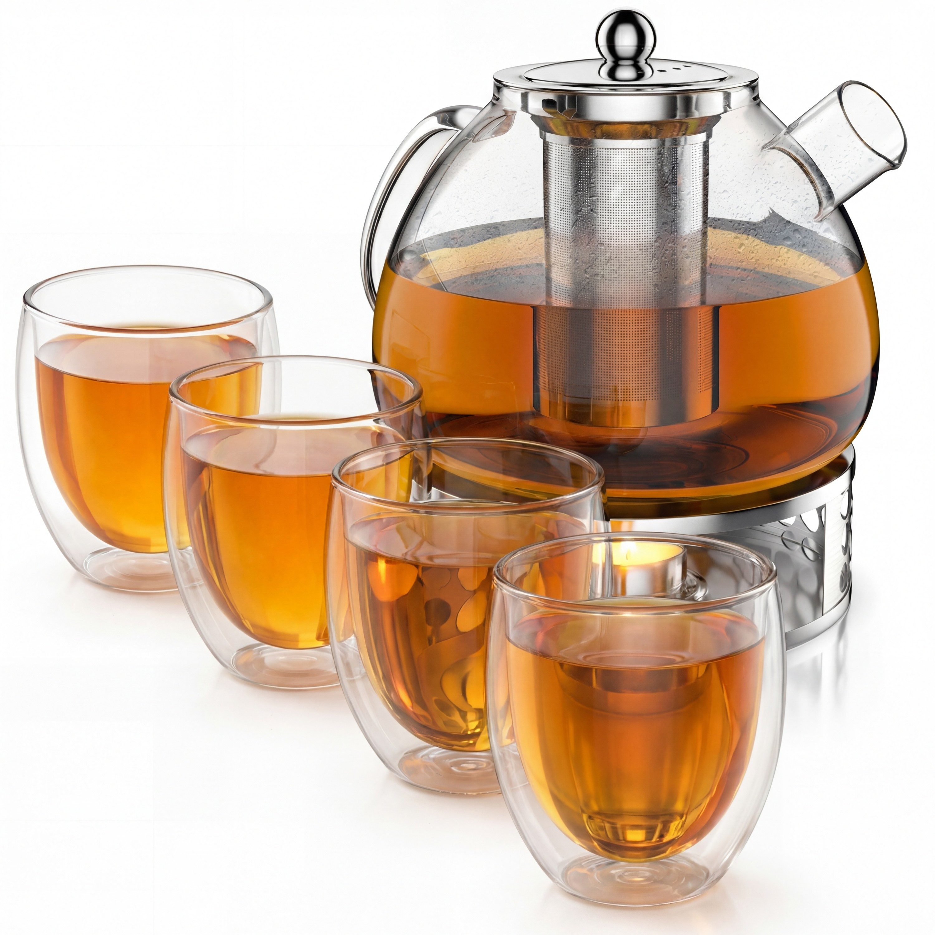 Arendo Teekanne Teekanne Stövchen 1,5L Sieb + 4 Thermogläser 350ml, 1,5 l, (Set, 1-St., Rechaud, Glaskanne, Teesieb), Borosilikatglas, Tischkocher, Edelstahlsieb, hitzebeständig, Geschenk