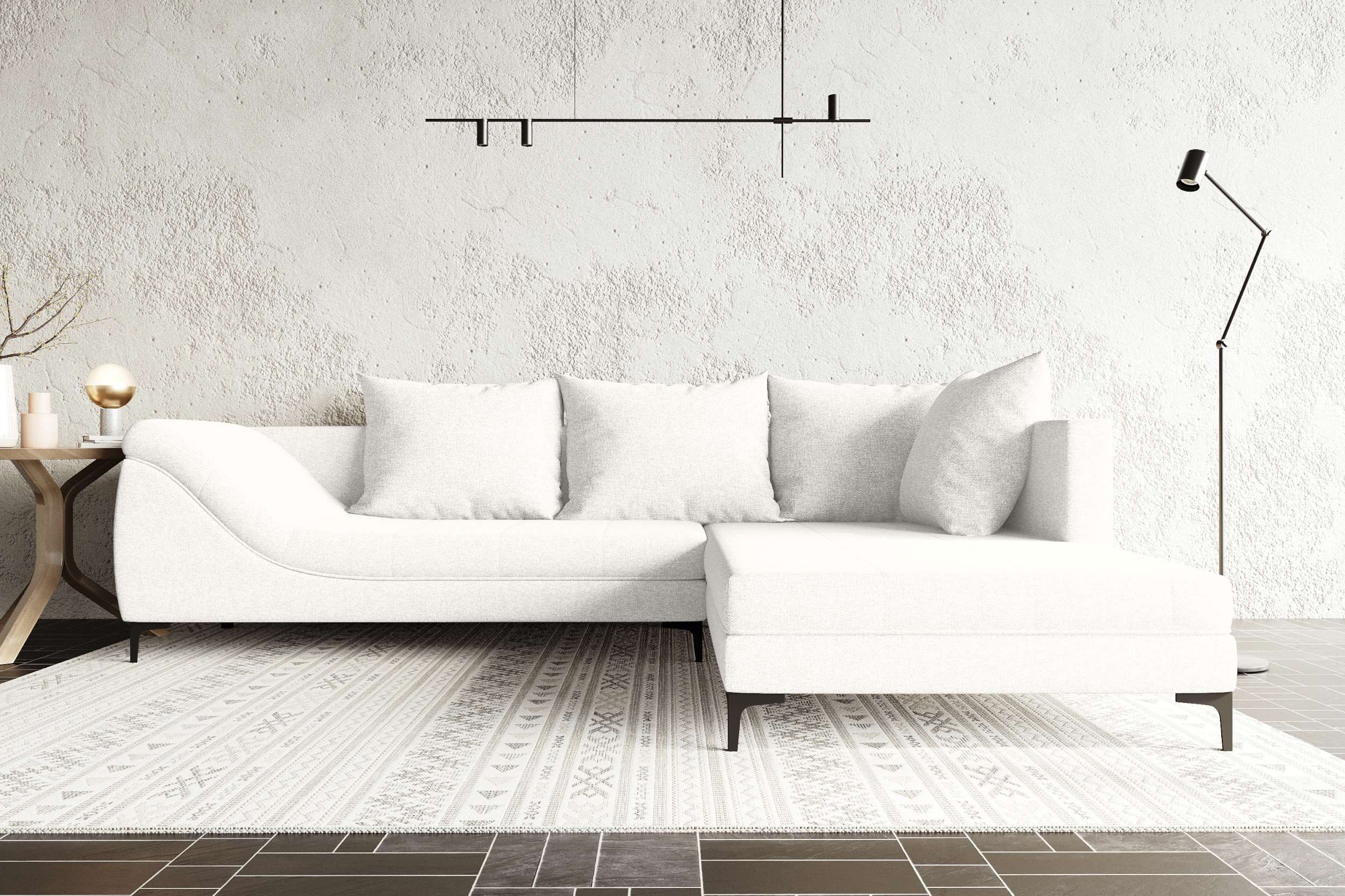 99rooms Ecksofa Loni, Ottomane links/rechts, 4 Rückenkissen, stabile Metallfüße