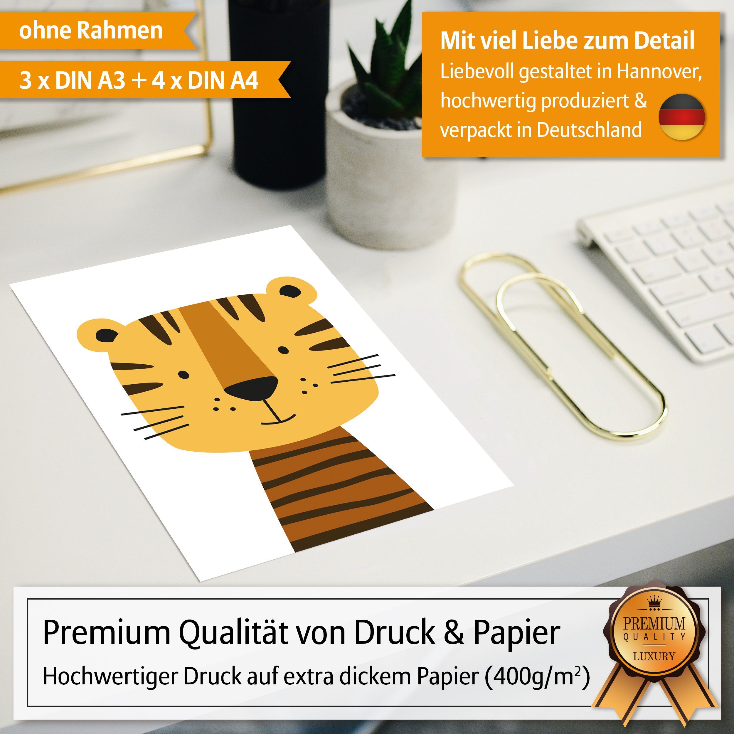 Hyggelig Home Poster Fuchs & Hase - Premium Poster Set OHNE & MIT Rahmen für Kinderzimmer, Tiere (Set, 7 St), Collage Tiergesichter Qualitätsdruck dickes Papier