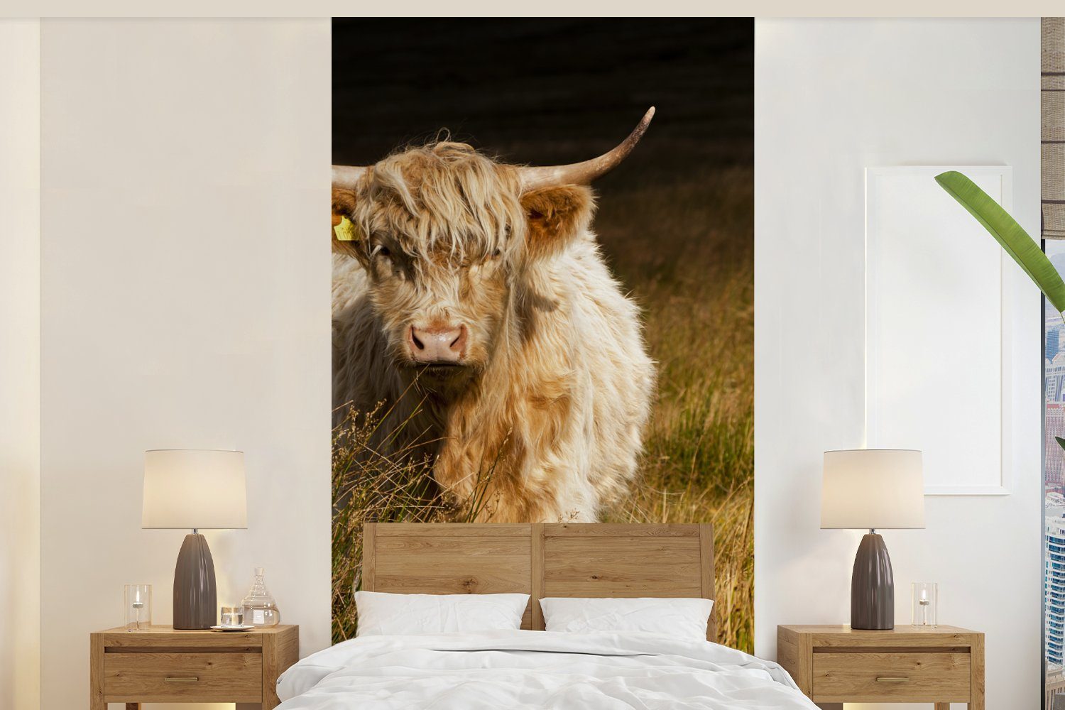 MuchoWow Fototapete Schottische Highlander - Licht - Gras - Tiere, Matt, bedruckt, (2 St), Vliestapete für Wohnzimmer Schlafzimmer Küche, Fototapete