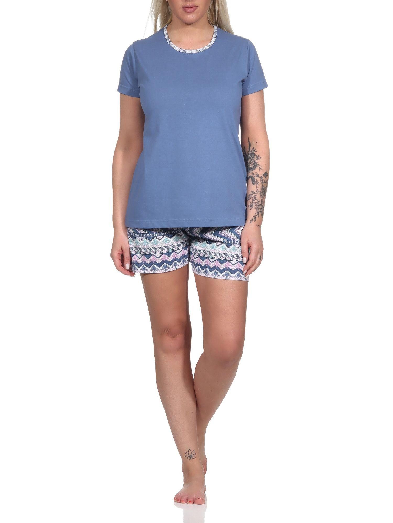 Normann Pyjama Verspielter Damen Shorty Schlafanzug, kurzarm Pyjama im Ethno-Style