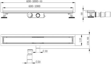 Elbe Duschrinne 60-90 cm, Komplett-Sat, Sockel aus rostfreiem Stahl und geriffelter Deckel aus rostfreiem Stahl, Kann gefliest werden Geruchssicher Korrosionsresistent Rostbeständig 70 cm