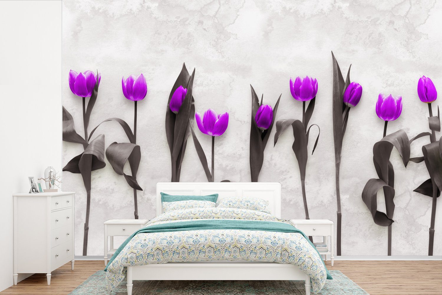 MuchoWow Fototapete Blumen - Tulpen - Lila, Matt, bedruckt, (6 St), Wallpaper für Wohnzimmer, Schlafzimmer, Kinderzimmer, Vinyl Tapete | Fototapeten