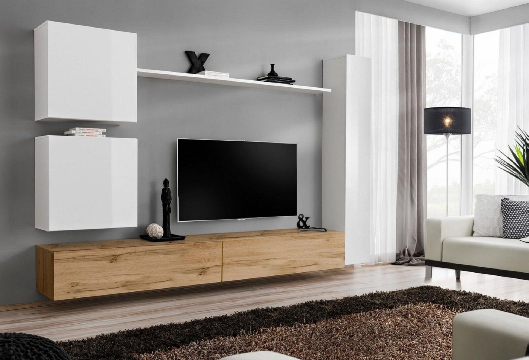 JVmoebel Wohnzimmer-Set Weiß Komplett Set Wohnwand 3x TV + Made (7-St., Wandschrank 1x 2x Regal Europa + Wohnwand Wandschrank Neu, in Ständer Wandregal), Wohnzimmermöbel 1x Luxus 