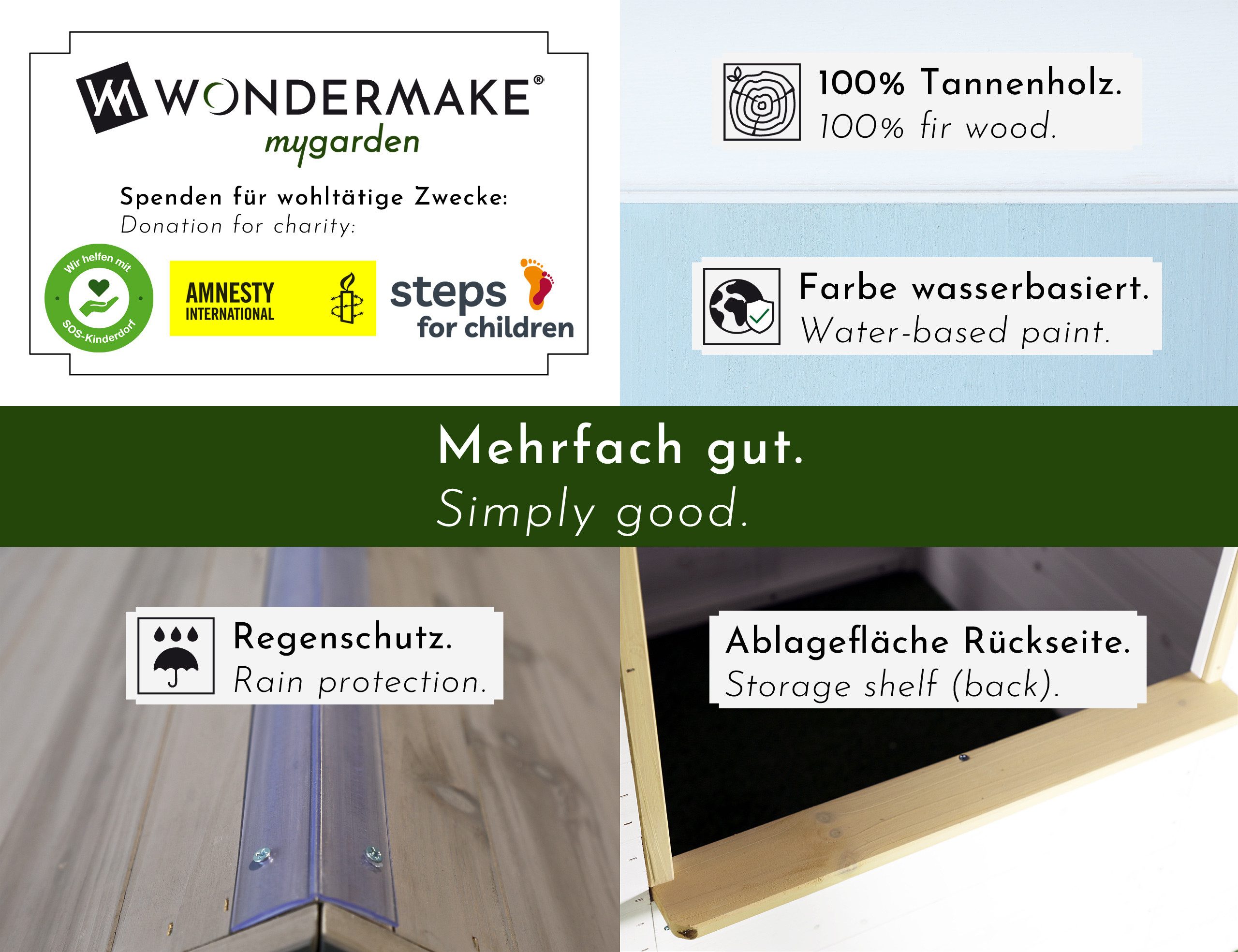 WONDERMAKE Spielhaus Kinder Holz mit Pflanzkästen magn. Tür+Fenster, Design Kinderspielhaus, Garten Outdoor draußen wetterfest klein hoch Gartenhaus weiß grau bunt