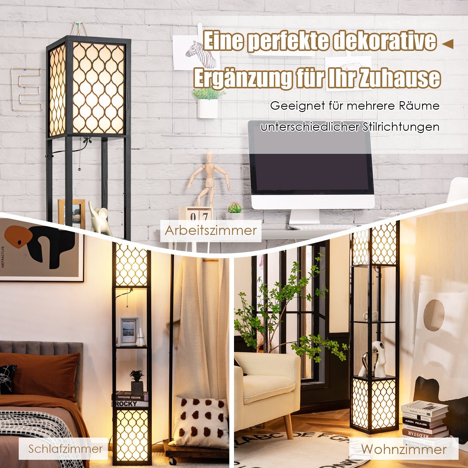 COSTWAY Stehlampe, Stehleuchte 156cm, mit Regal, Zugkette & Fußschalter