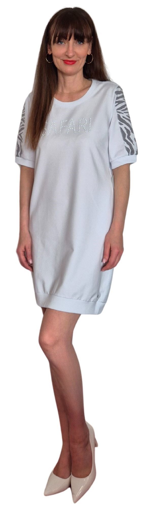 Gio Milano Sweatkleid G28-5101, mit Zebramuster und 'SAFARI' Steinbesatz Zebramuster auf Schultern