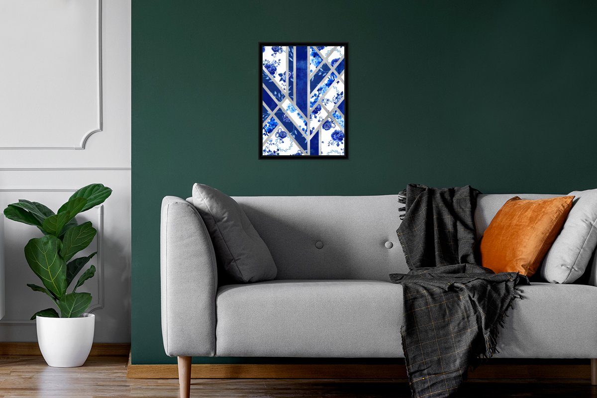 - Luxus, Gerahmtes (1 - Rahmen, MuchoWow Poster, St), mit Muster Poster Kunstdruck, Bilderrahmen Blau Schwarzem Delfter