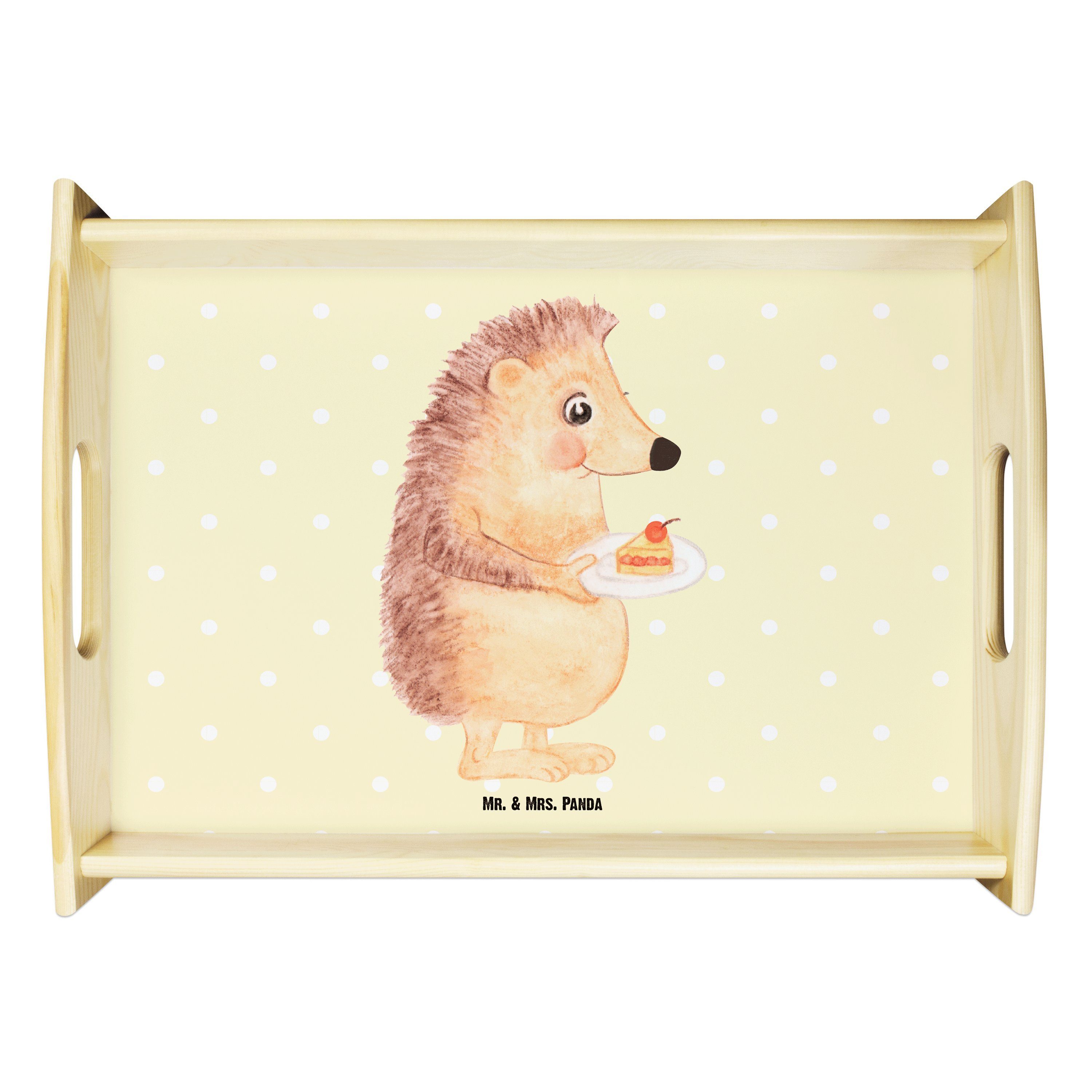 Mr. & Mrs. Panda Tablett T, Kuchenstück mit Pastell Geschenk, - Gelb Igel Dekotablett, - Tiere, (1-tlg) Echtholz lasiert