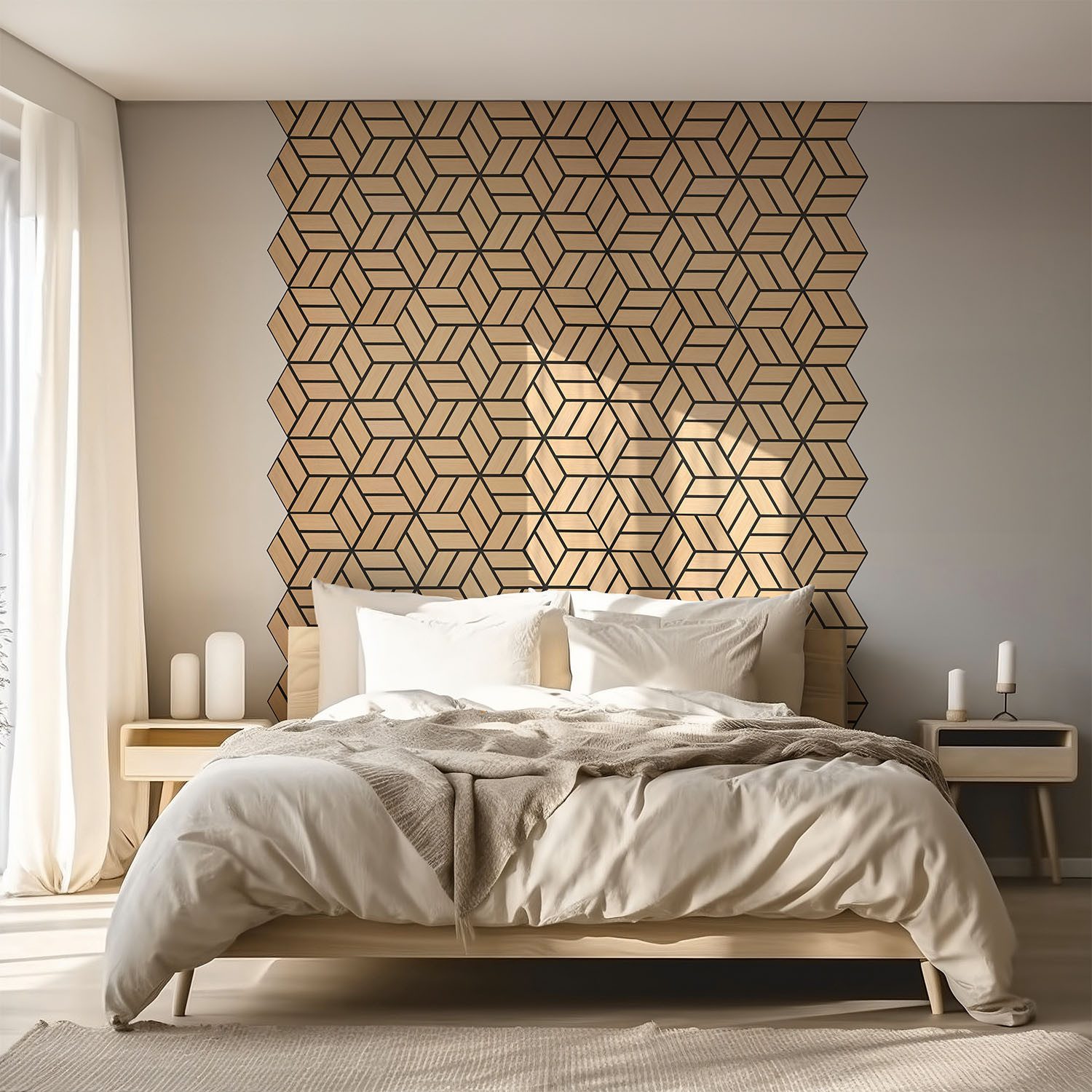 Homestyle4u Wandpaneel je 30x26 Hexagon Akustikpaneele Holz Schallschutz Filz Wand modern, (4er Set, 4-tlg., 4 Akustikpaneele) 3D Akustik Paneel Wandpaneel in Eiche zum Kleben oder Bohren
