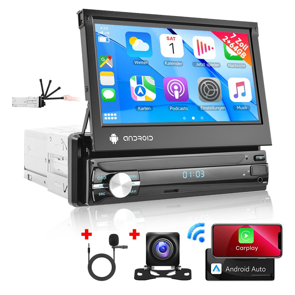 Hikity 7" 1 DIN Flip Android Autoradio mit GPS Navi WIFI Touchscreen MP5 Autoradio (Digitalradio (DAB), 2GB+64GB/1GB+32GB Bluetooth WIFI USB FM AUX)