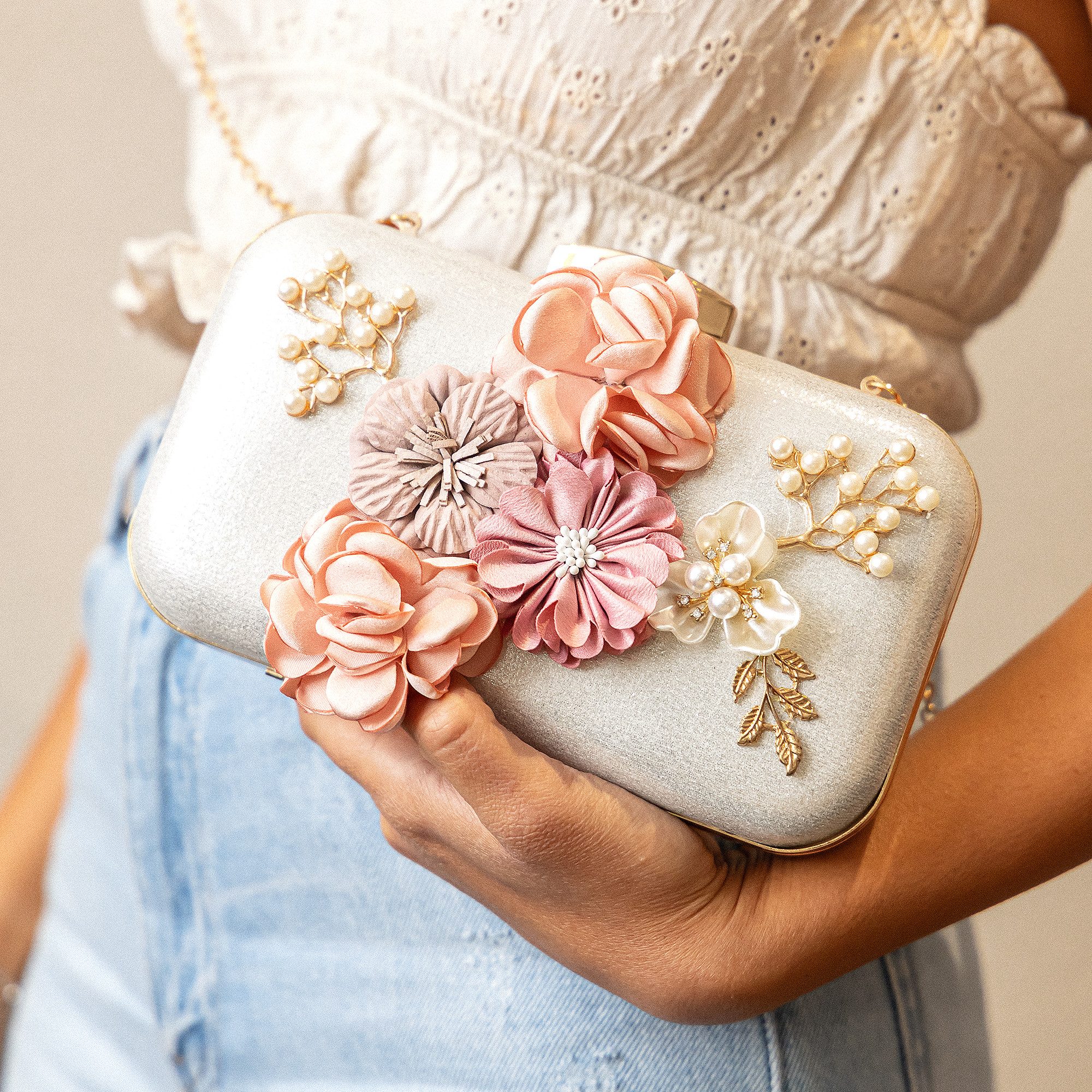 Steuer Abendtasche Perlen, Glassteine mit Blumenzierde günstig online kaufen