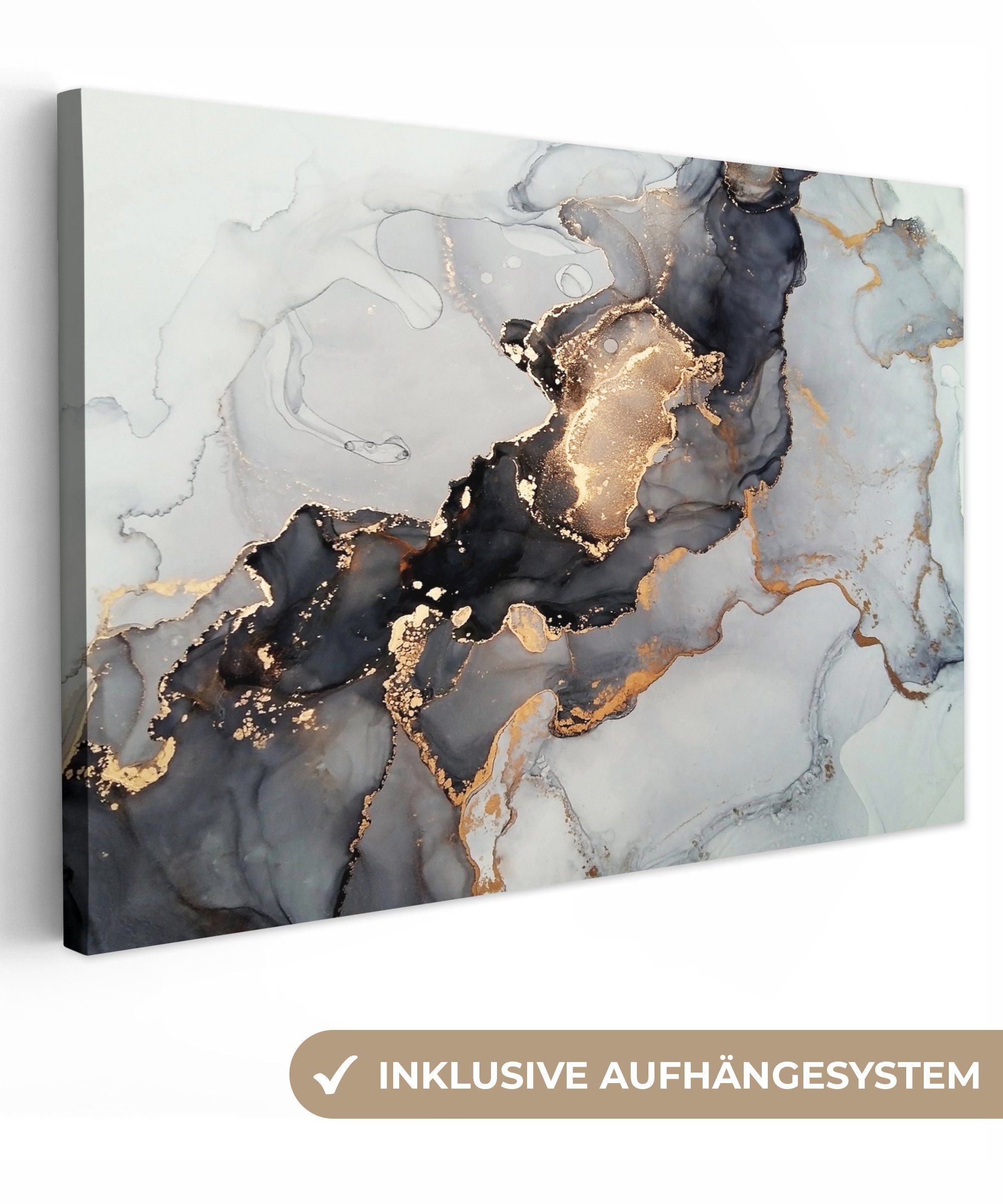 OneMillionCanvasses® Leinwandbild Schwarz - Marmor - Luxus - Gold, (1 St), Wandbild Leinwandbilder, Aufhängefertig, Wanddeko, 30x20 cm