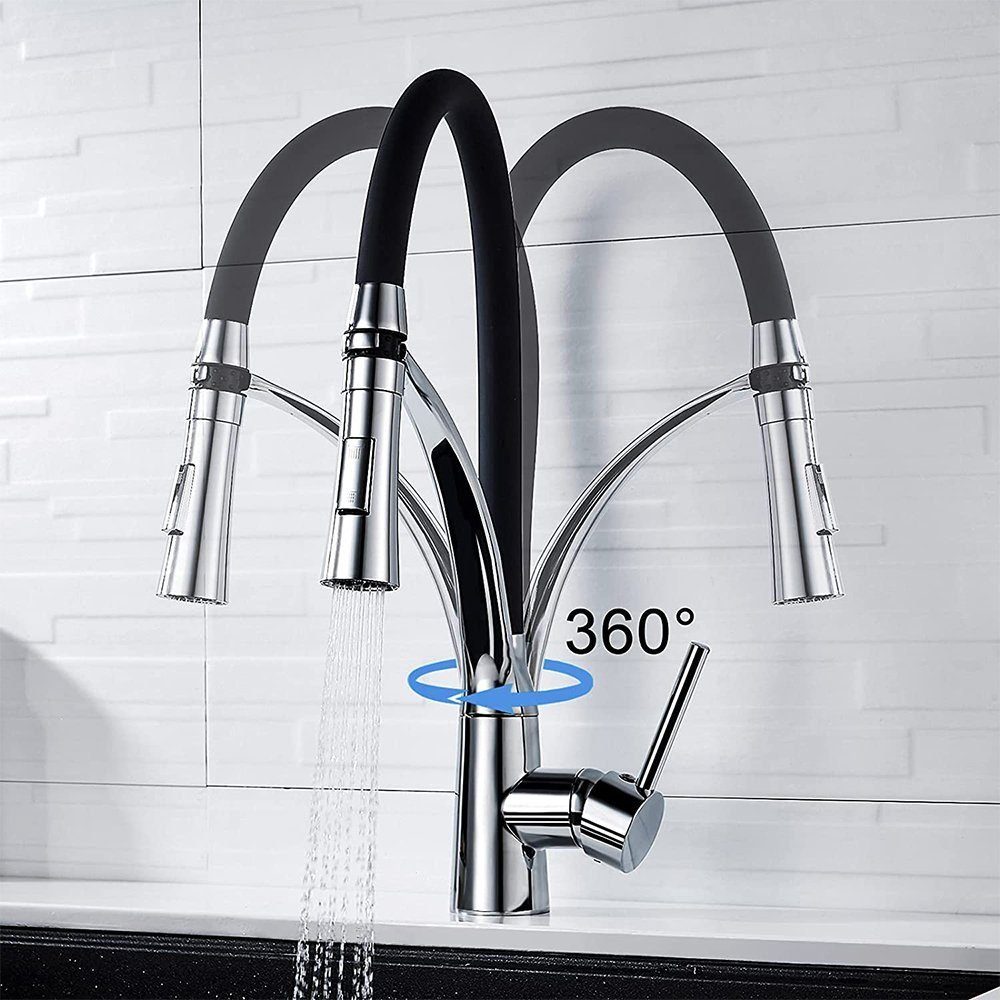 Schwarz Küchenarmatur Wasserhahn Mode Brause XERSEK Silikonschlauch,40cm Höhe,Hochdruck,Energiesparfunktion,360° Spültischarmatur Mischbatterie Drehbar 2