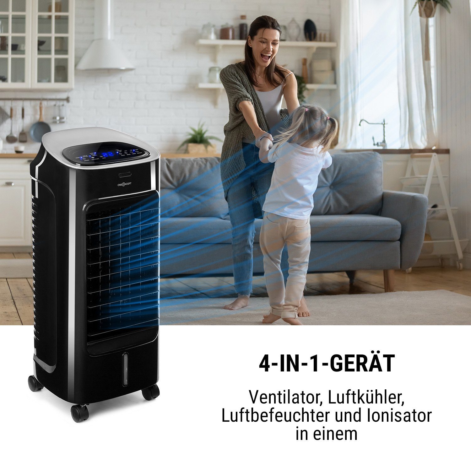 Wasserkühlung Eis mobil Schwarz Coolster & Klimagerät ohne Abluftschlauch Ventilatorkombigerät 4-in-1-Luftkühler, ONECONCEPT mit