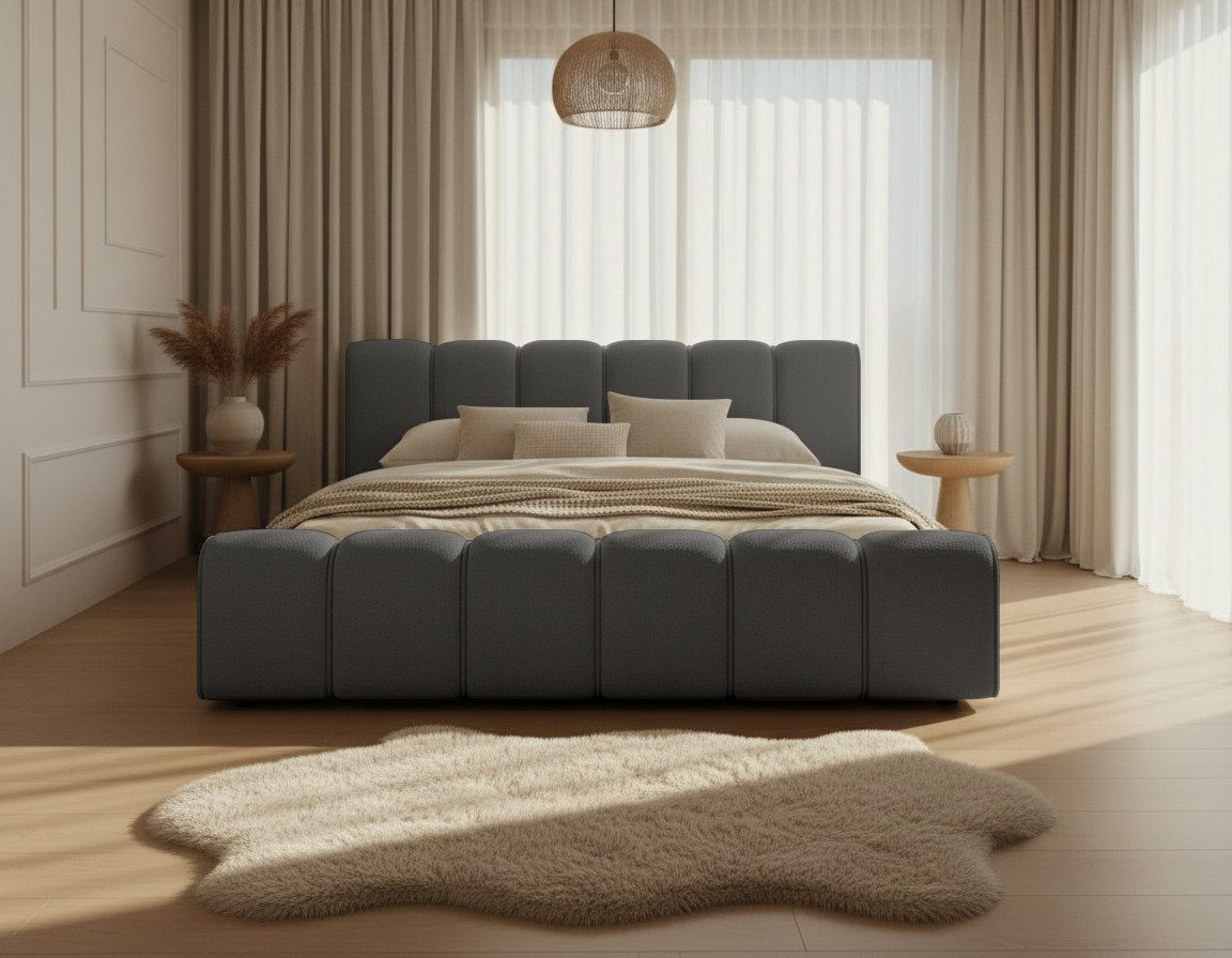 yourhouse24 Polsterbett Designer Loop Bouclé (Bettgestell mit Lattenrost und Bettkasten), Boucle-Stoff, Steppkopfteil, Bettkasten, pflegeleicht, stilvoll