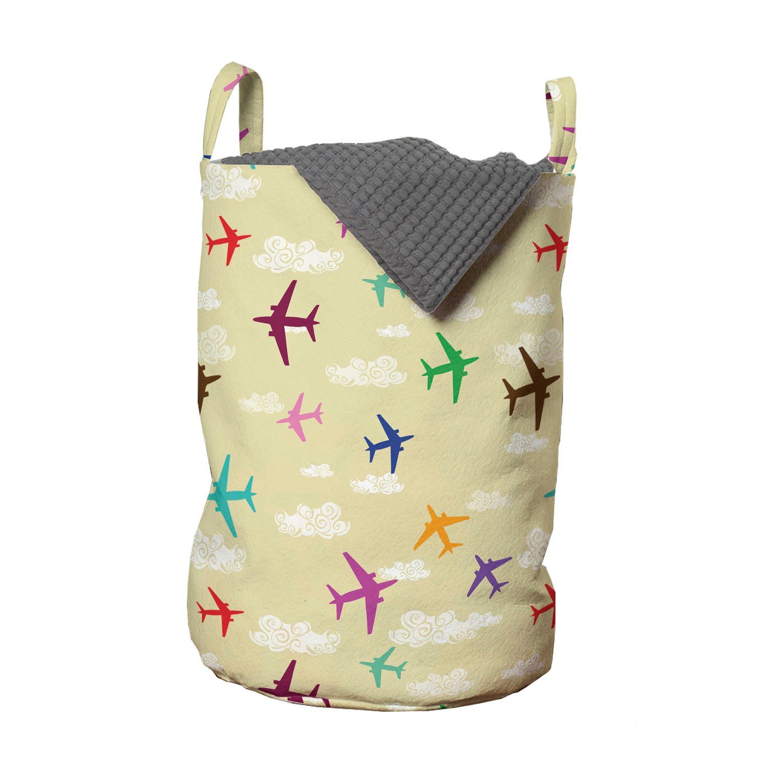 Abakuhaus Wäschesäckchen Wäschekorb mit Griffen Kordelzugverschluss für Waschsalons, Luftfahrt Romantische Wolke Flugzeuge | Wäschesäcke