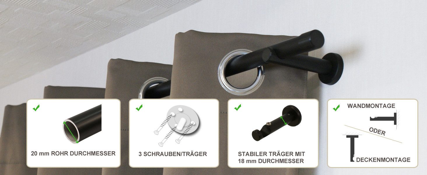 iso-design Gardinenstange 20 mm Schwarz Endstück Kappe Wand- oder Deckenmon günstig online kaufen
