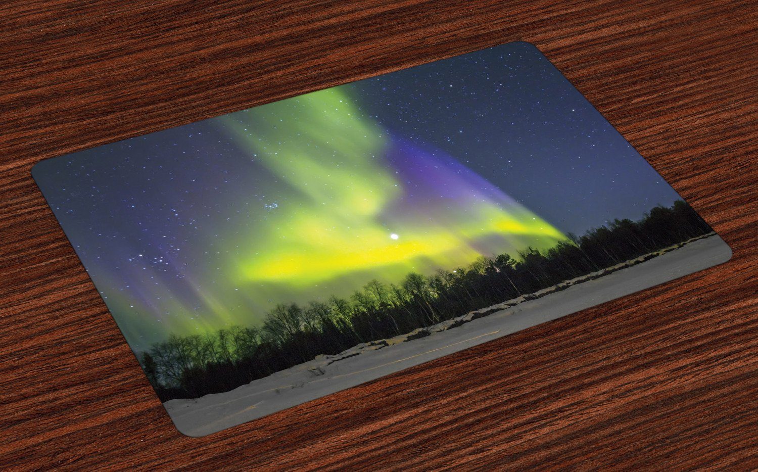 Platzset, Waschbare Stoff Esszimmer Küche Tischdekorations Digitaldruck, Abakuhaus, (4-teilig, 4 Teilig-St., Set aus 4x), Alaska Aurora Borealis Wald