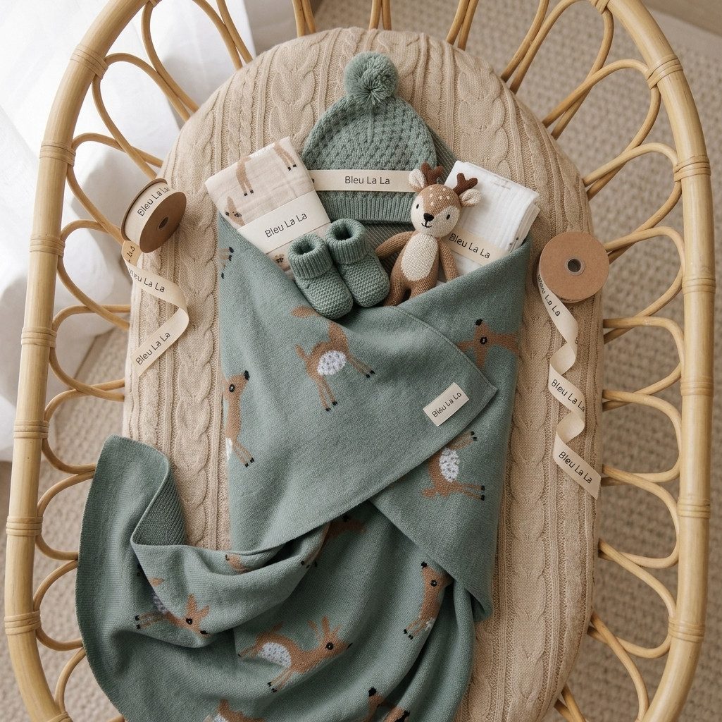 Babydecke Bleu La La aus 100% Baumwolle Strickdecke mit Rehmotiv, TSE – Bild 5 von 5
